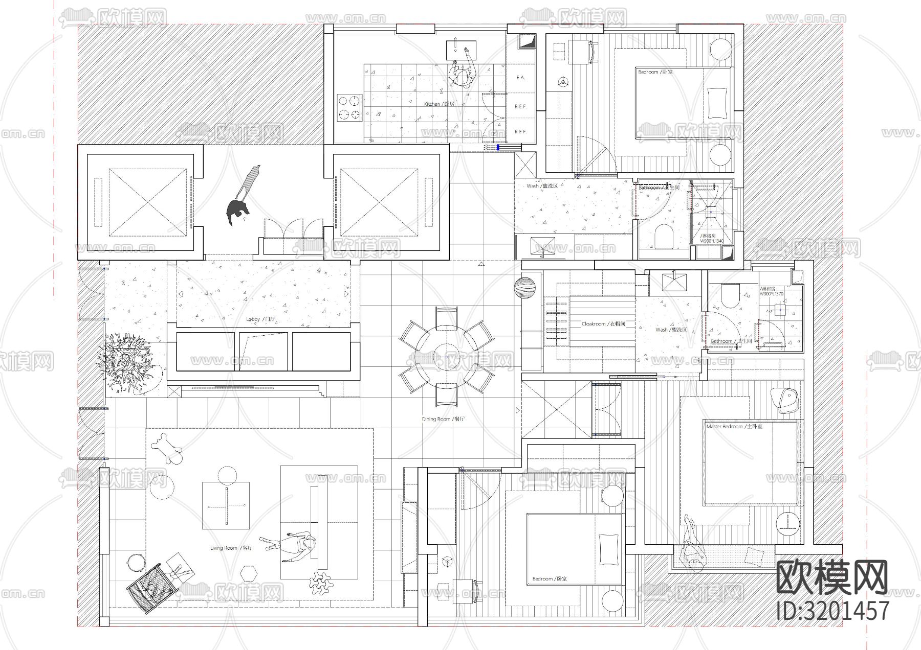 120平米户型cad平面图下载（渲染图1）