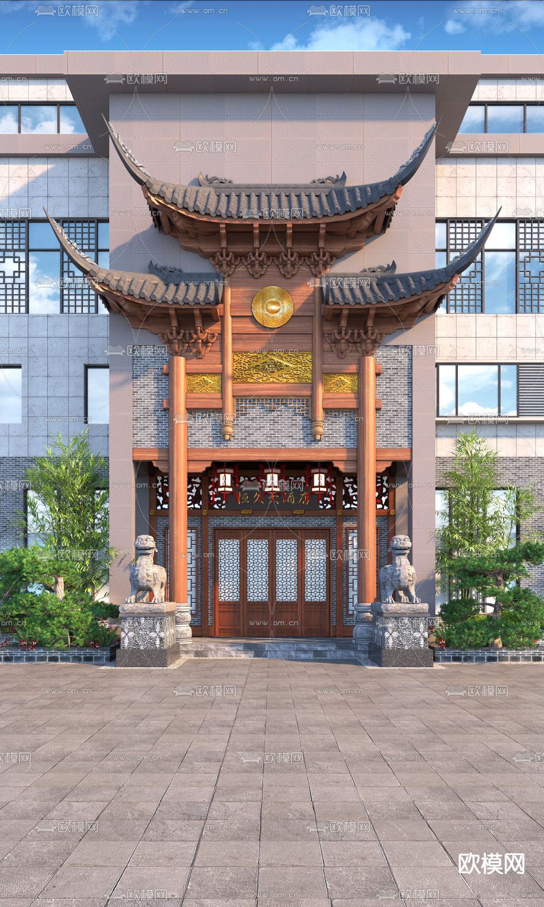 新中式酒店 门头门面3d模型下载（渲染图1）
