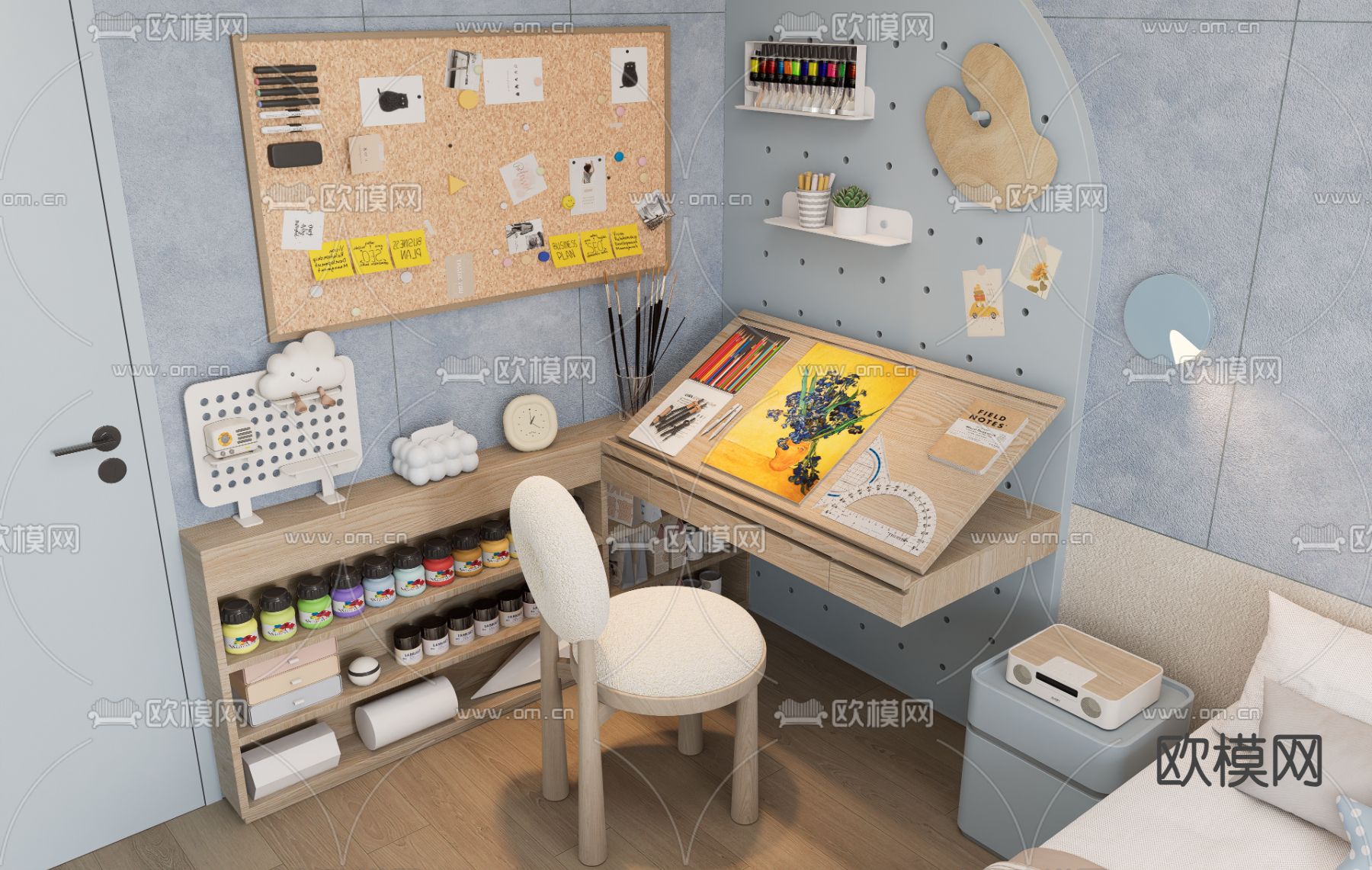 绘画台 书桌椅 工作台su模型下载（渲染图2）