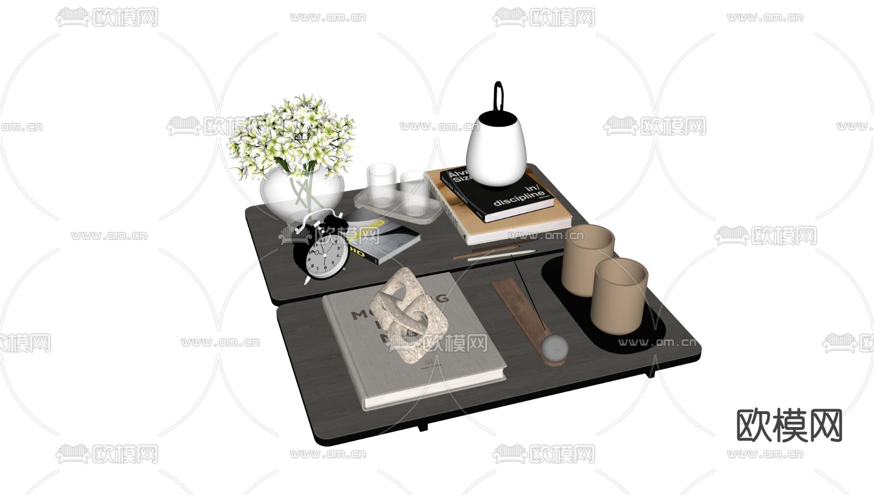 书籍 书本 茶杯 花瓶 台灯 闹钟 装饰品su模型下载（渲染图2）
