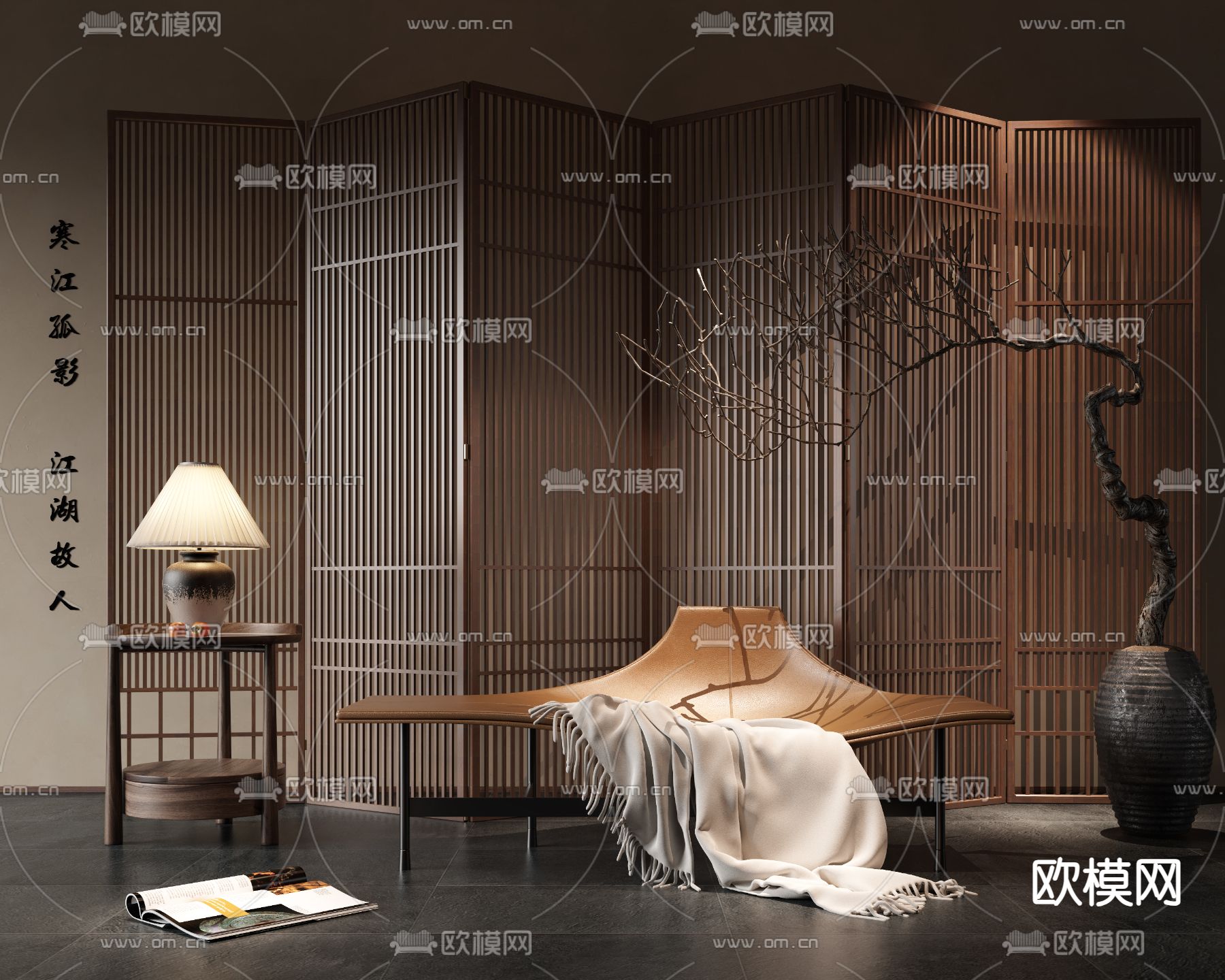 中古风屏风隔断su模型下载（渲染图2）