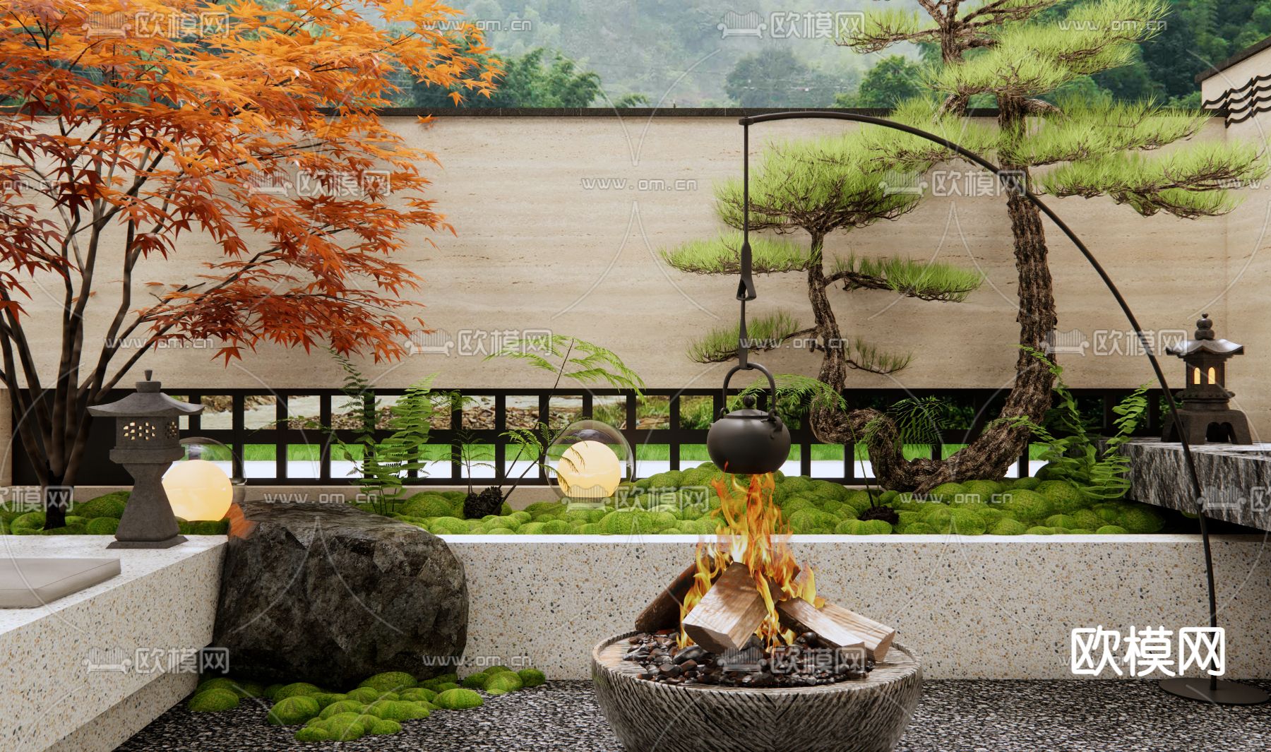 日式下沉庭院 景观su模型下载（渲染图1）