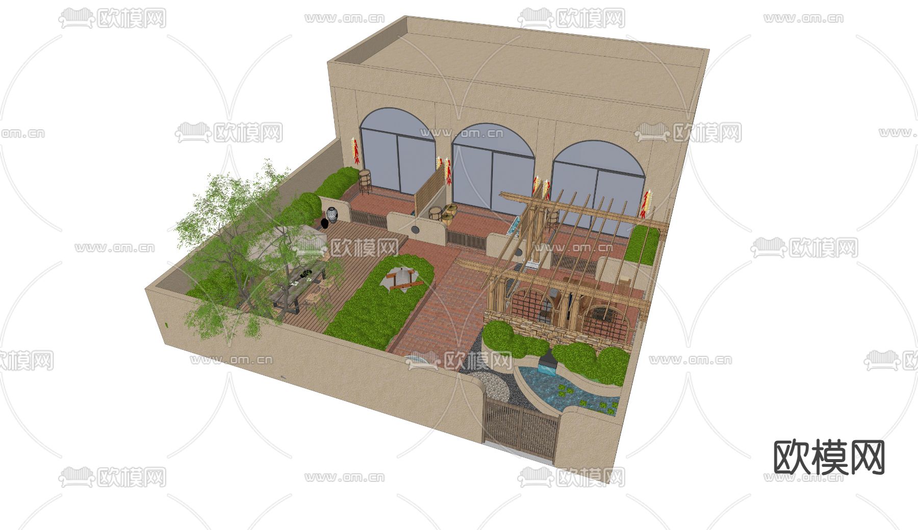 自然风窑洞 庭院花园su模型下载（渲染图2）