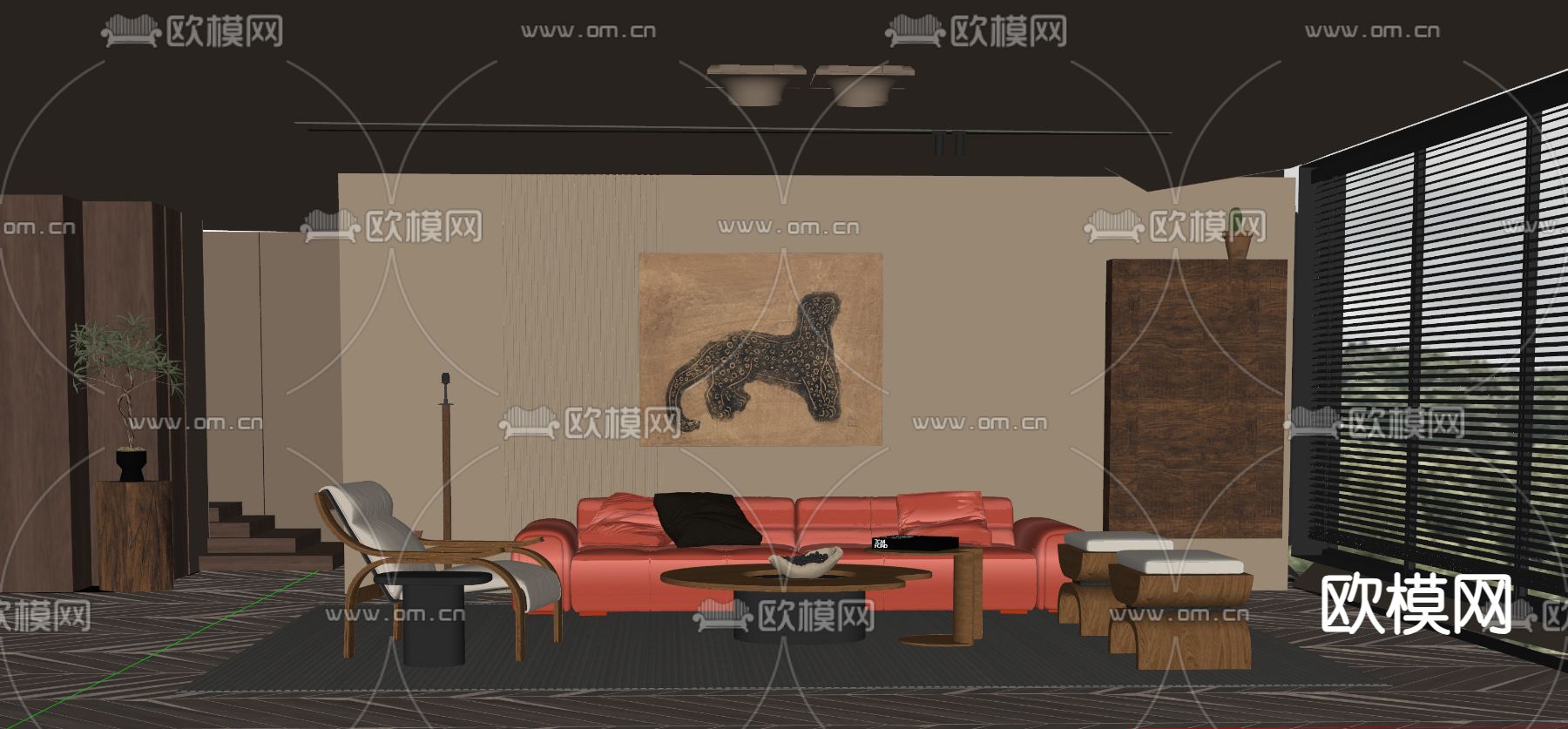 中古风客厅su模型下载（渲染图2）