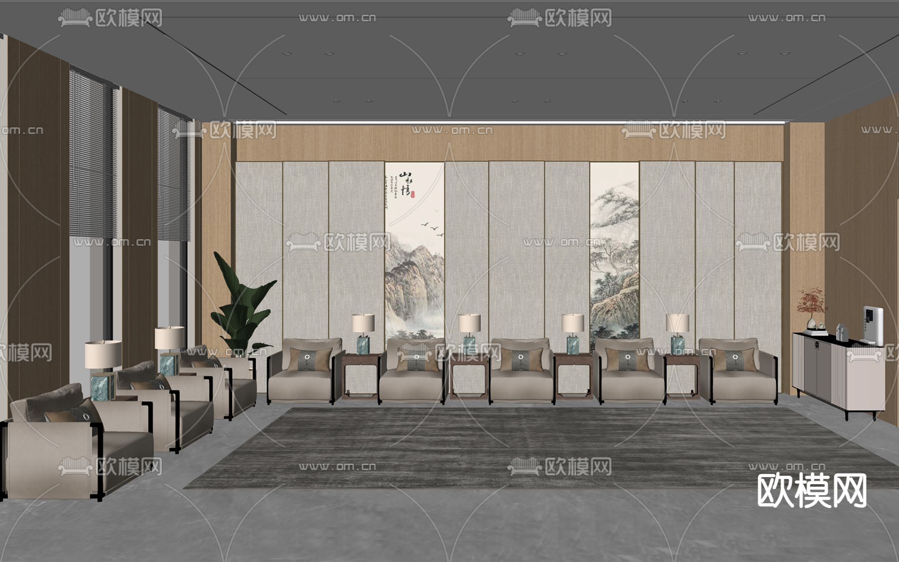 新中式会客室 会客厅su模型下载（渲染图2）