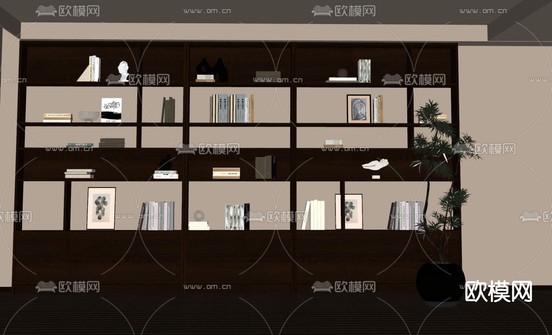 中古风书柜su模型下载（渲染图1）