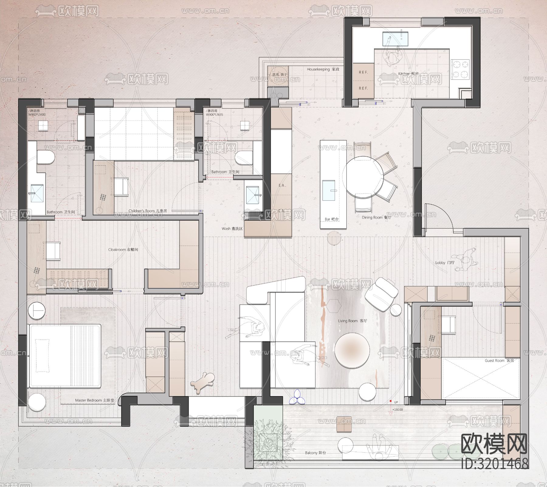 121平米户型cad平面图下载（渲染图2）