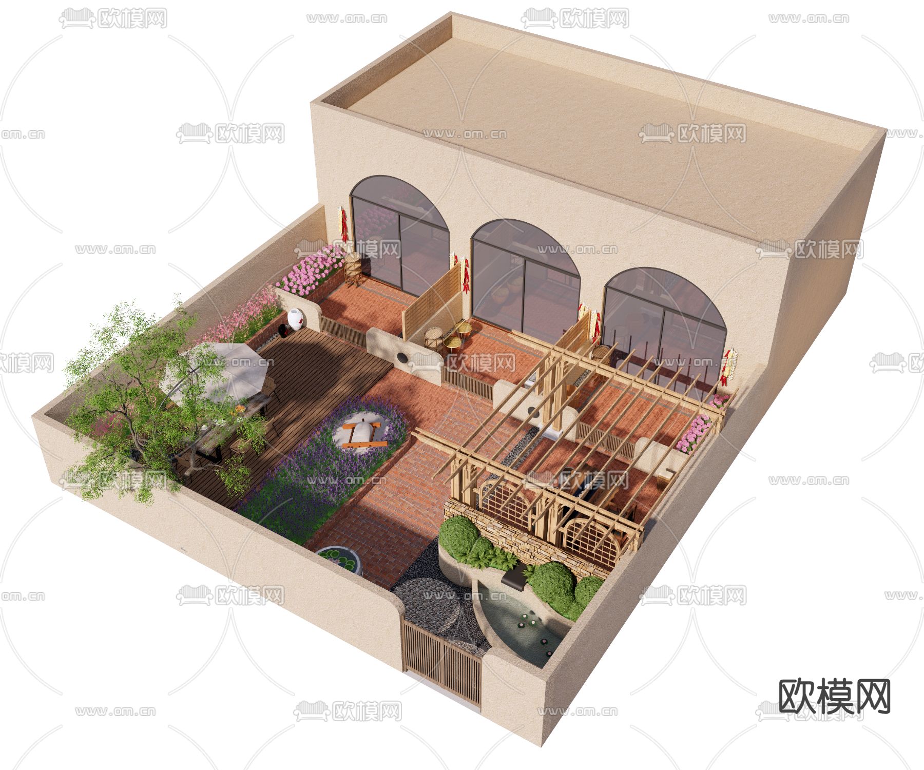 自然风窑洞 庭院花园su模型下载（渲染图1）