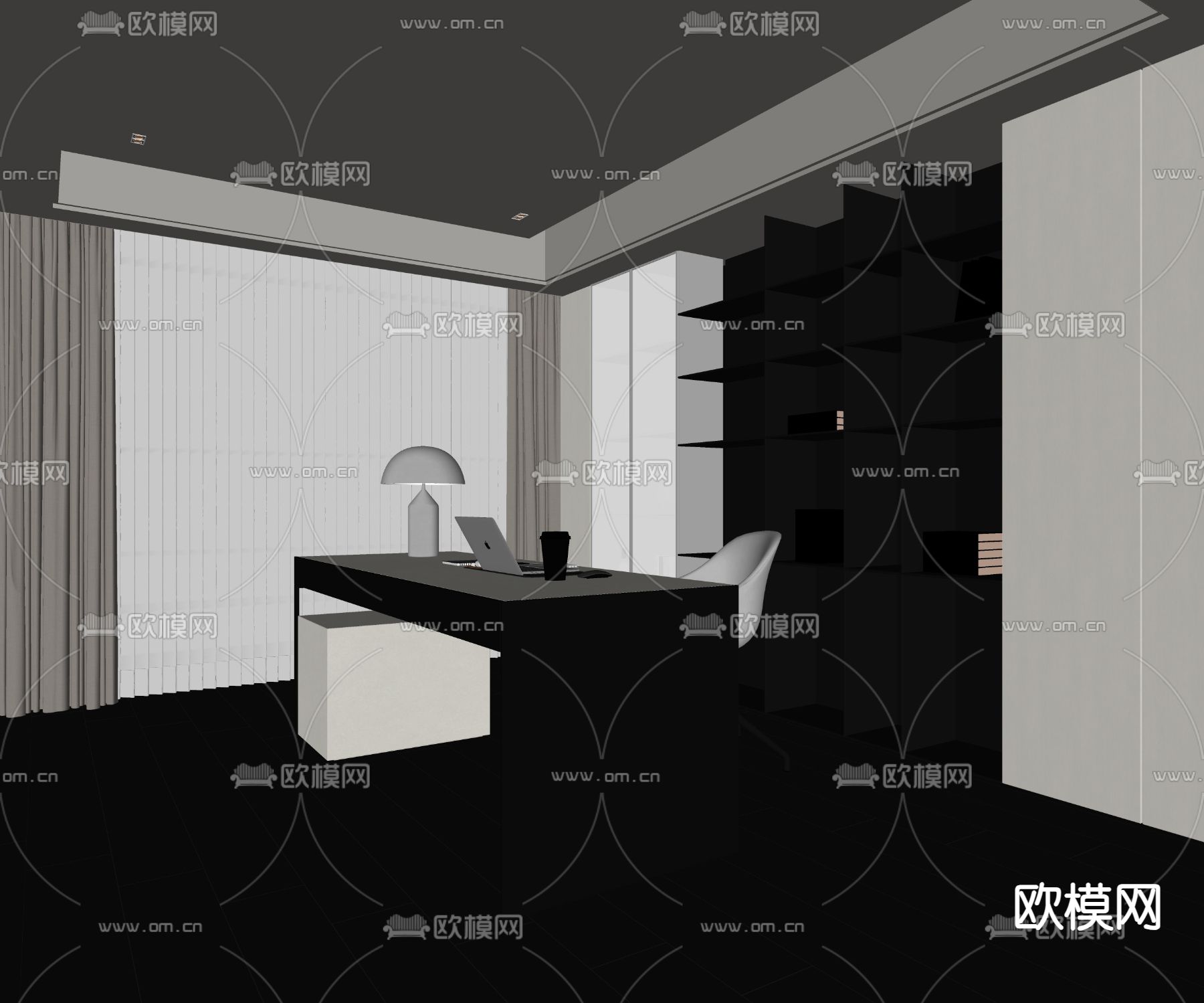 暗黑风书房su模型下载（渲染图1）