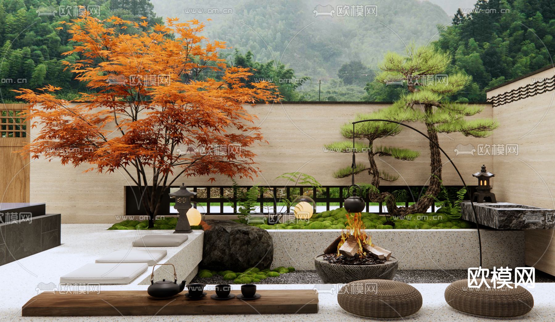 日式下沉庭院 景观su模型下载（渲染图2）