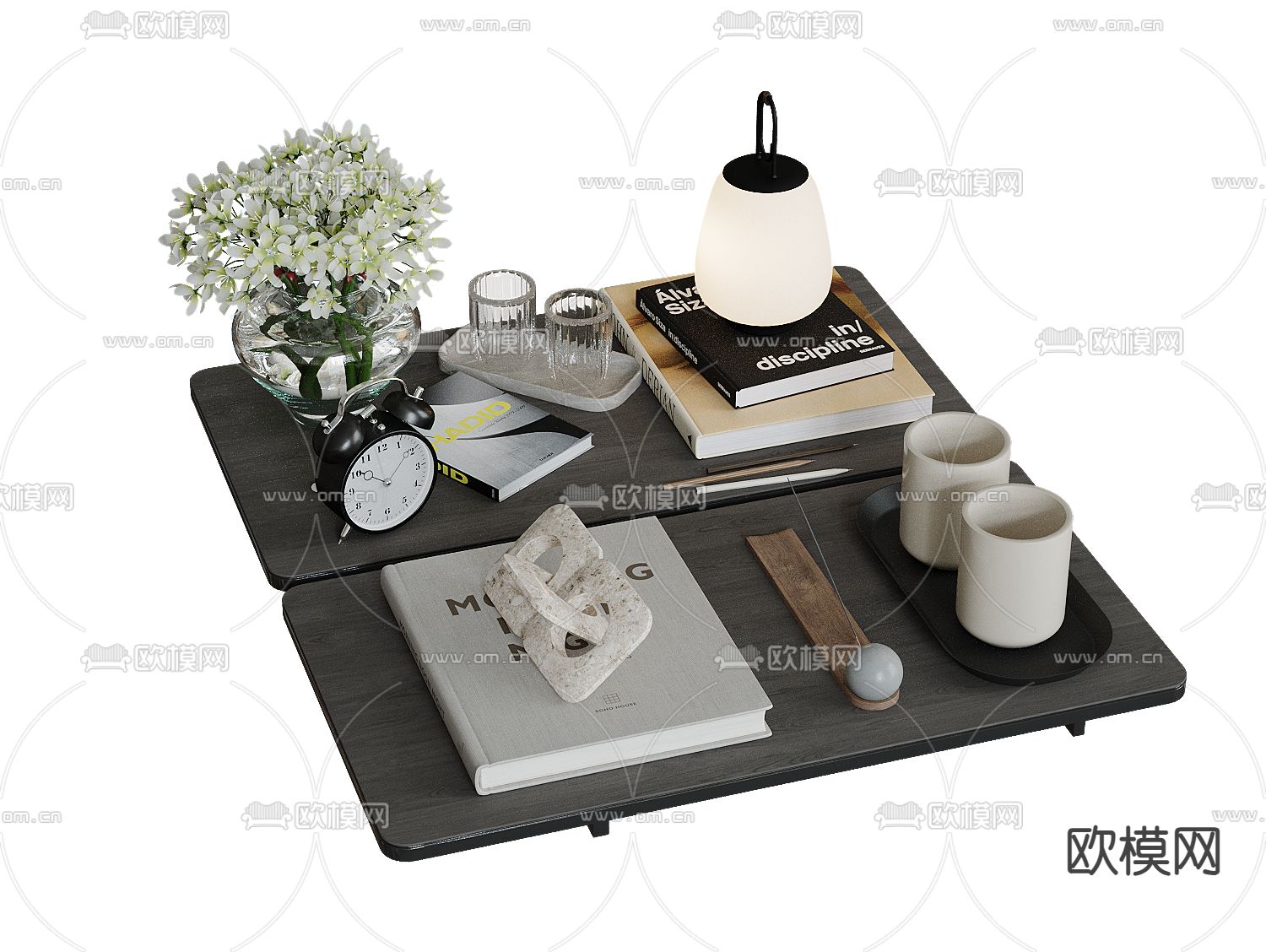 书籍 书本 茶杯 花瓶 台灯 闹钟 装饰品su模型下载（渲染图1）