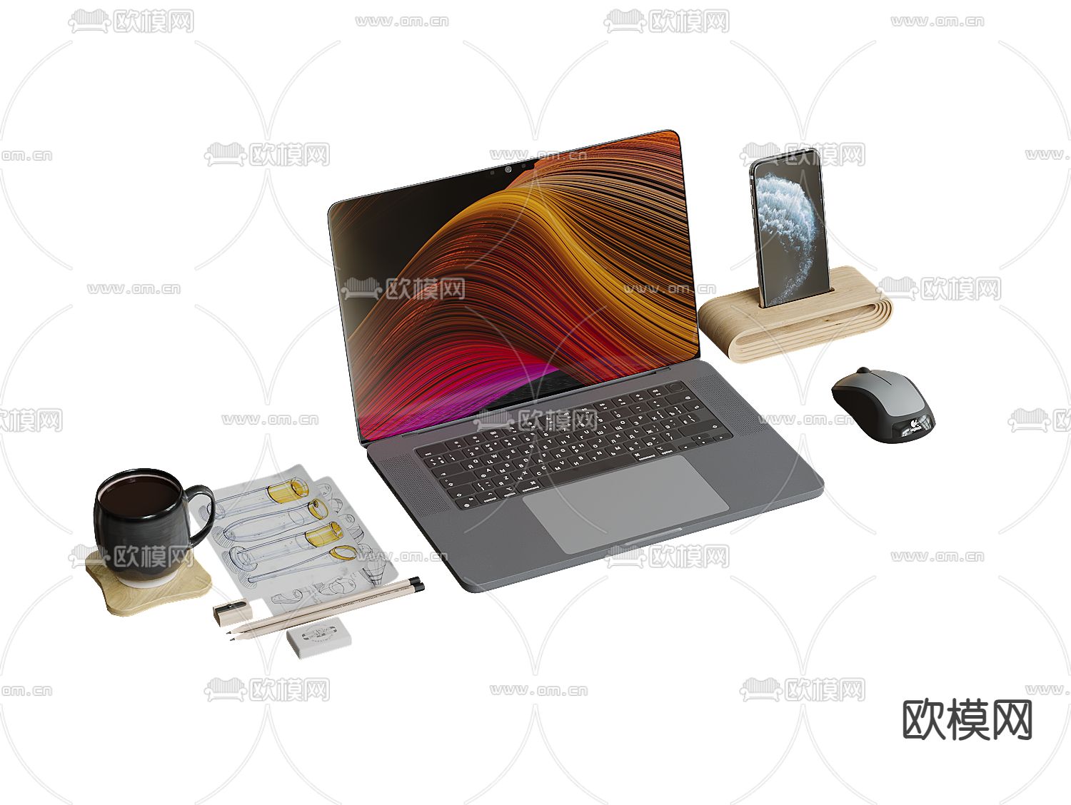 办公用品 笔记本电脑 手机3d模型下载