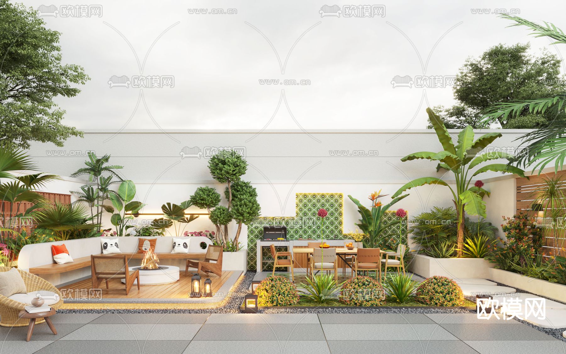 奶油风别墅庭院 庭院花园3d模型下载