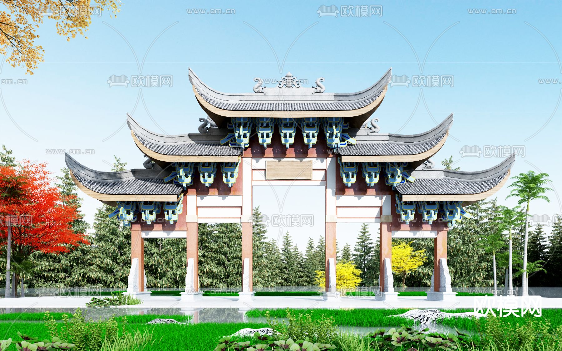 中式入口大门 门面门头3d模型下载