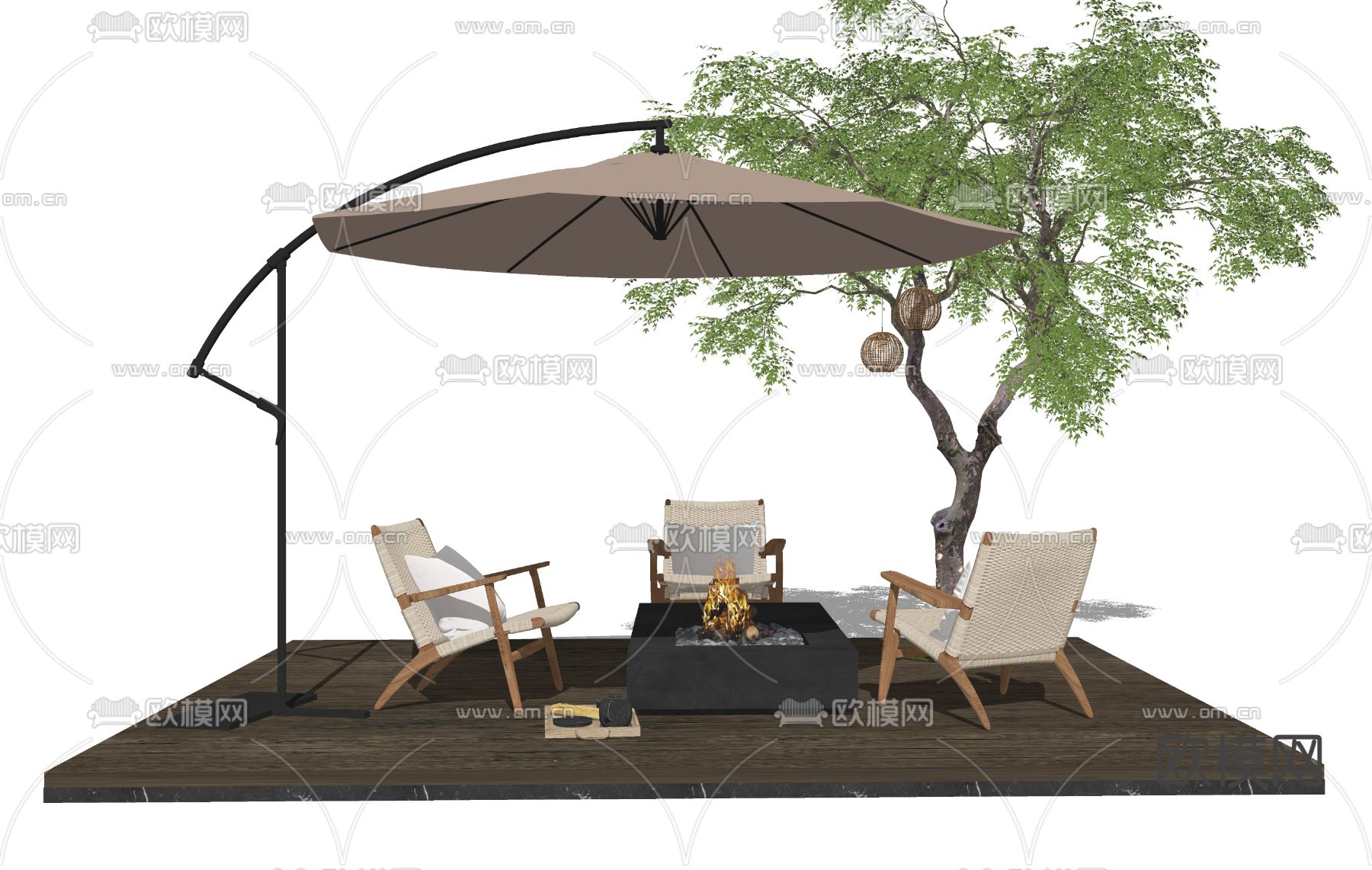 侘寂户外椅 遮阳伞su模型下载（渲染图2）
