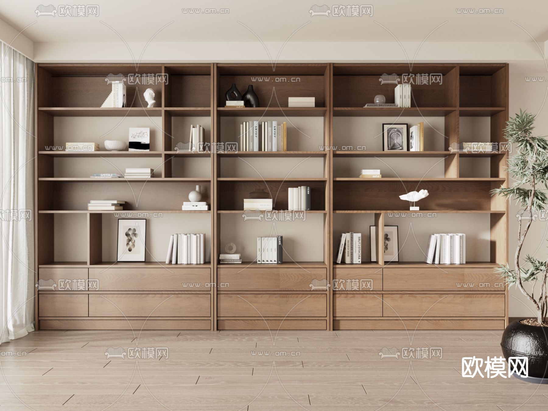 中古风书柜su模型下载（渲染图2）