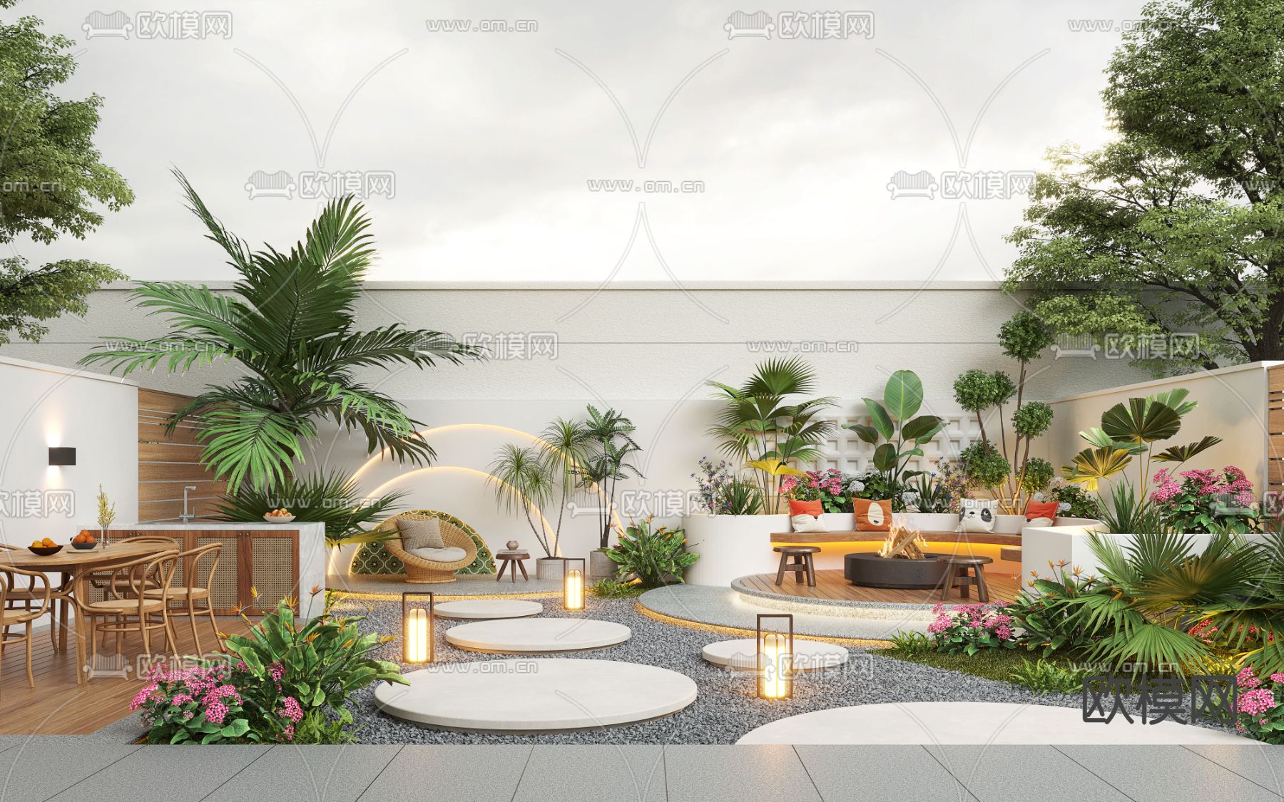 奶油风别墅庭院 庭院花园3d模型下载