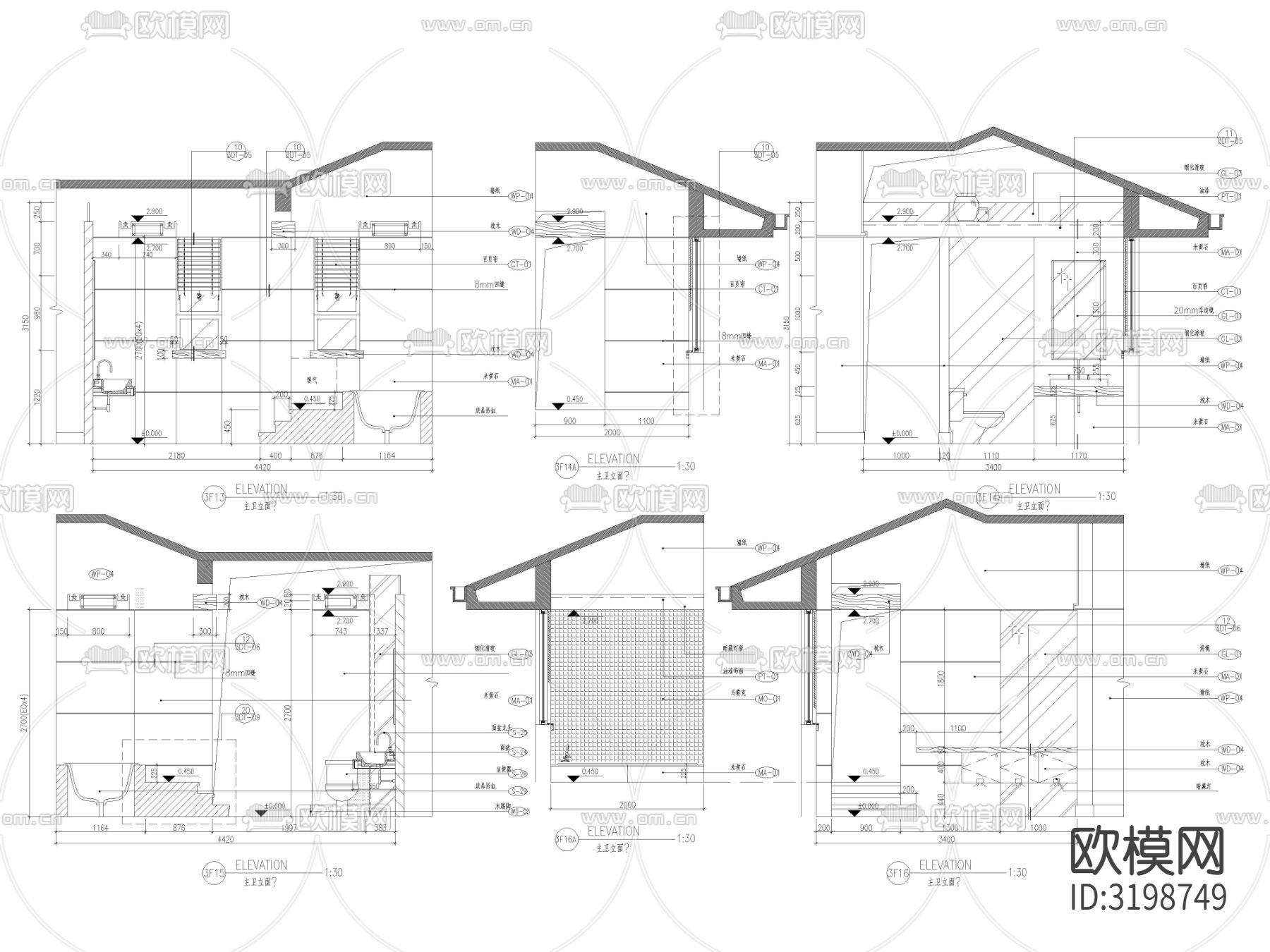 主卧卫生间cad立面图下载（渲染图2）