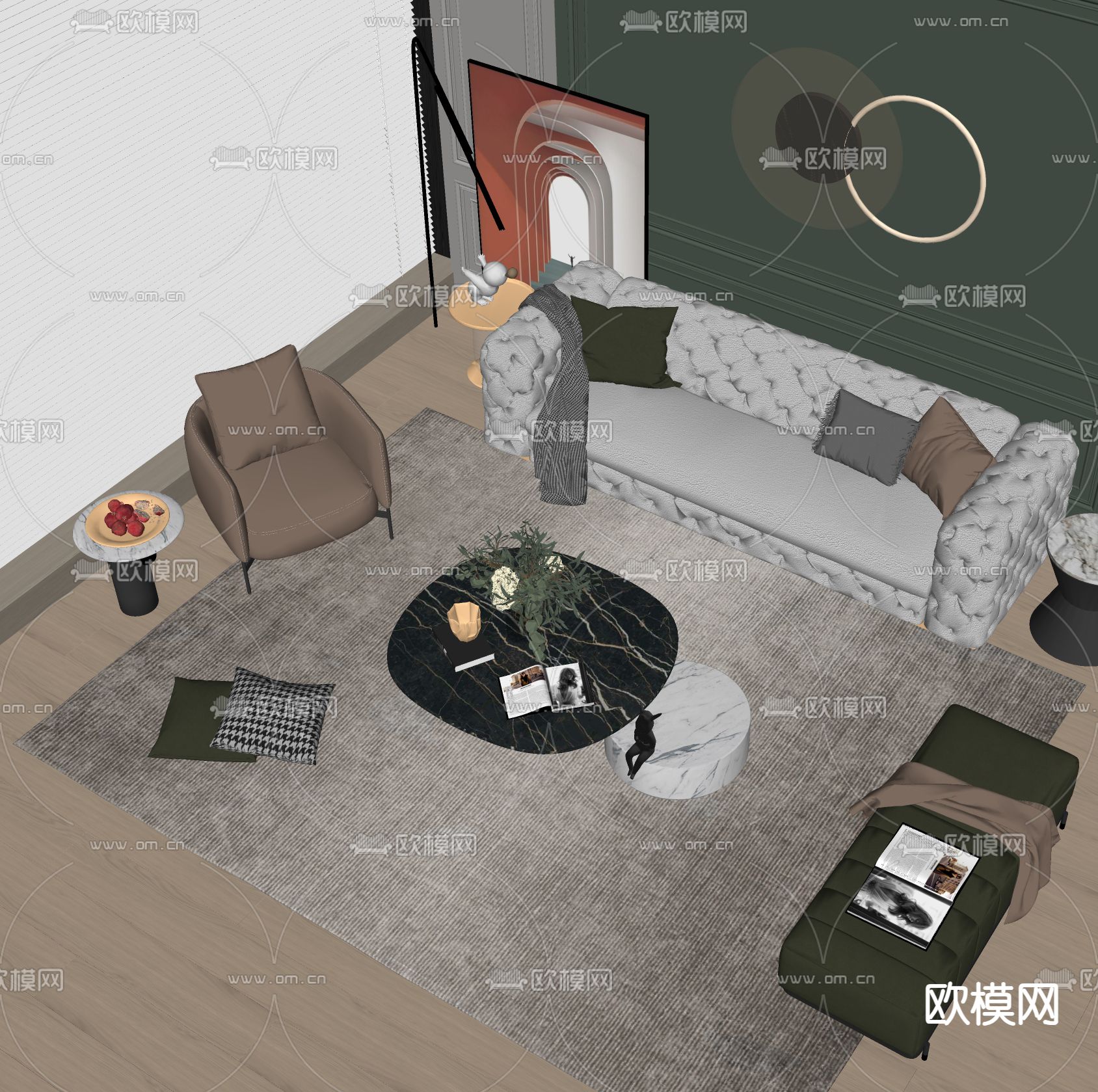 简欧组合沙发su模型下载（渲染图2）