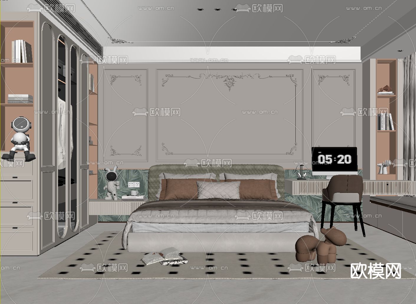 奶油风卧室 主人房su模型下载（渲染图1）