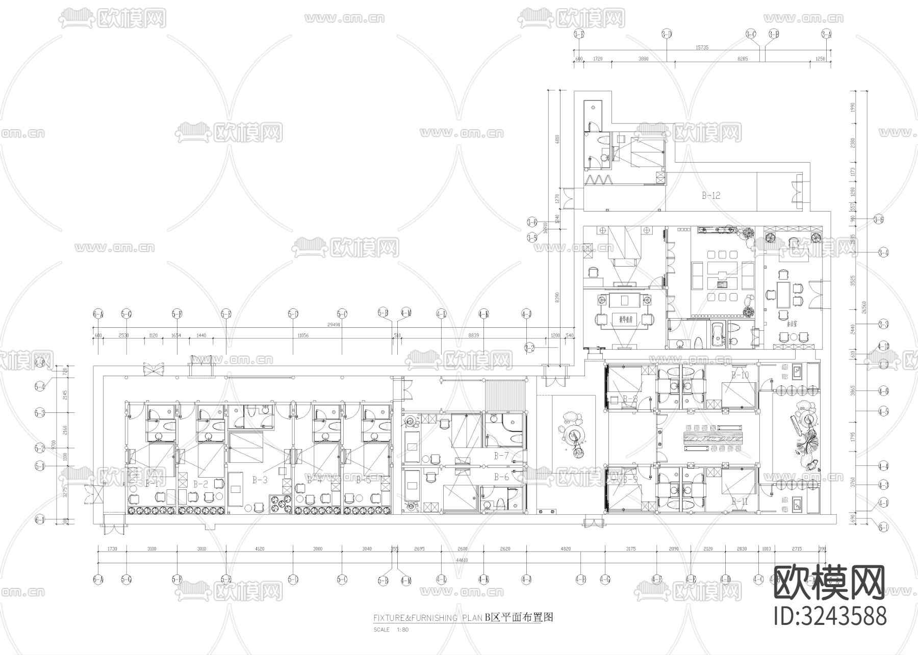 2100㎡高端民宿酒店cad平面图下载（渲染图2）