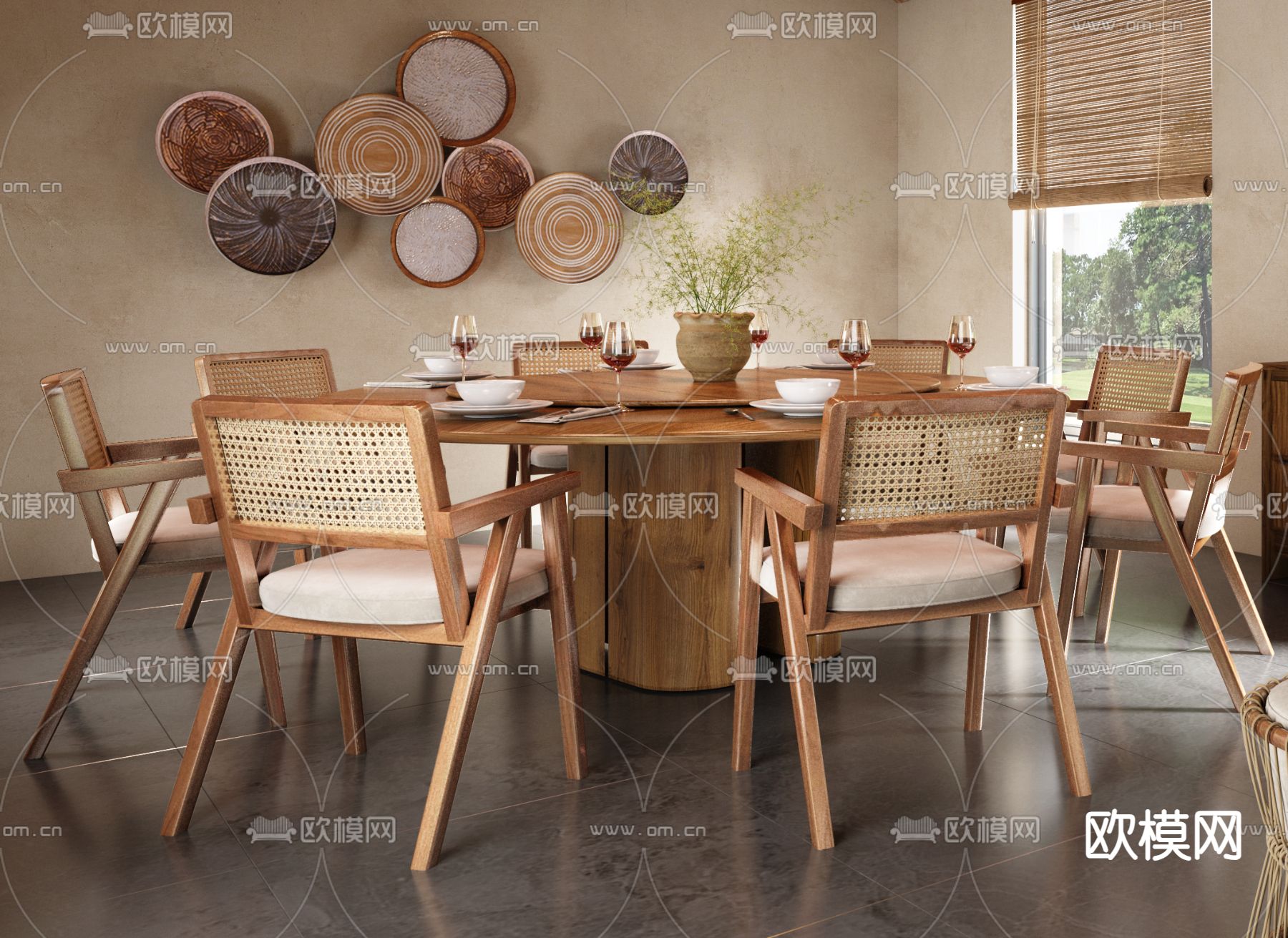 侘寂风民宿 餐厅 圆餐桌su模型下载（渲染图2）