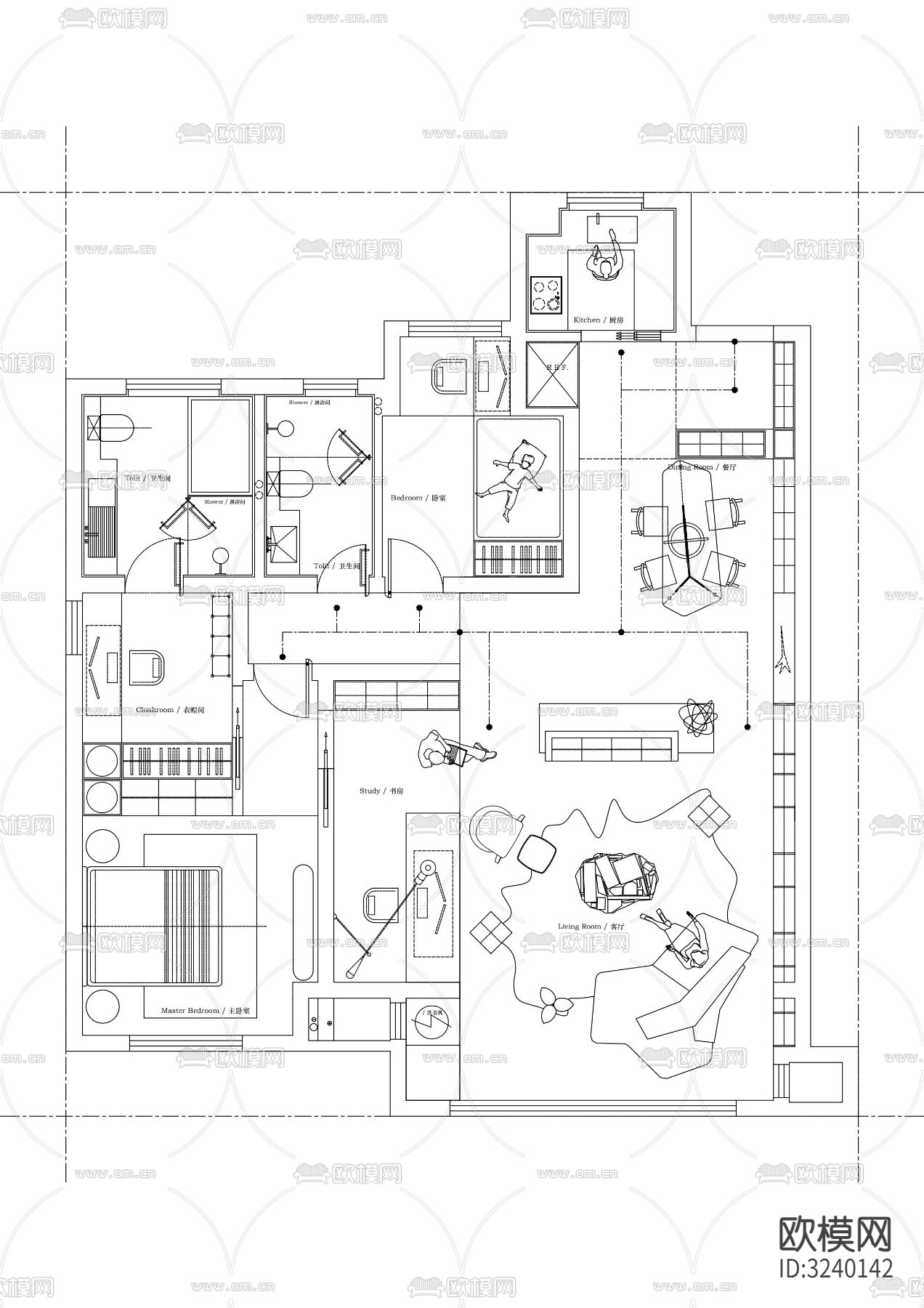 117平米户型布局cad图库下载（渲染图7）