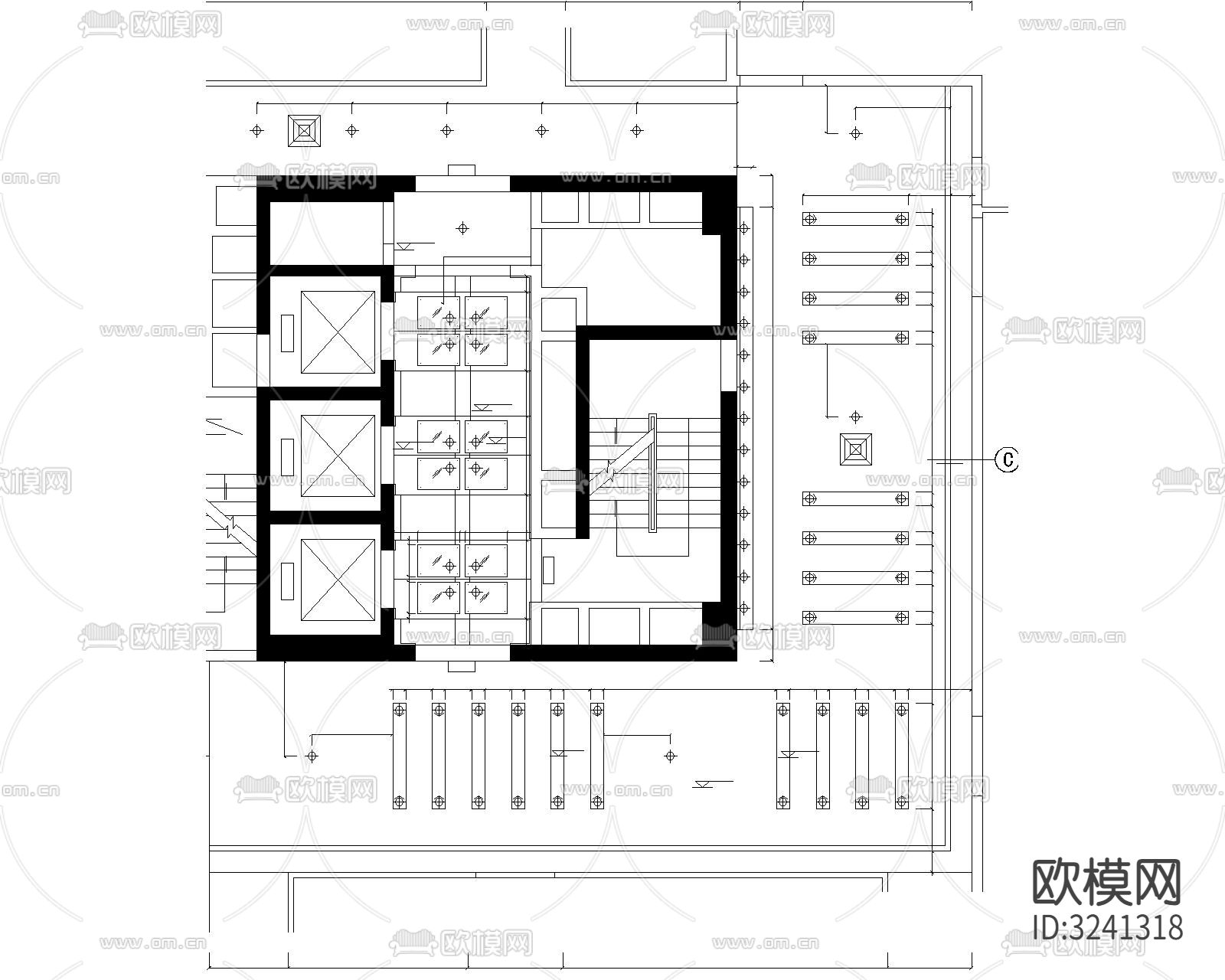 办公楼电梯厅cad平面图下载（渲染图3）