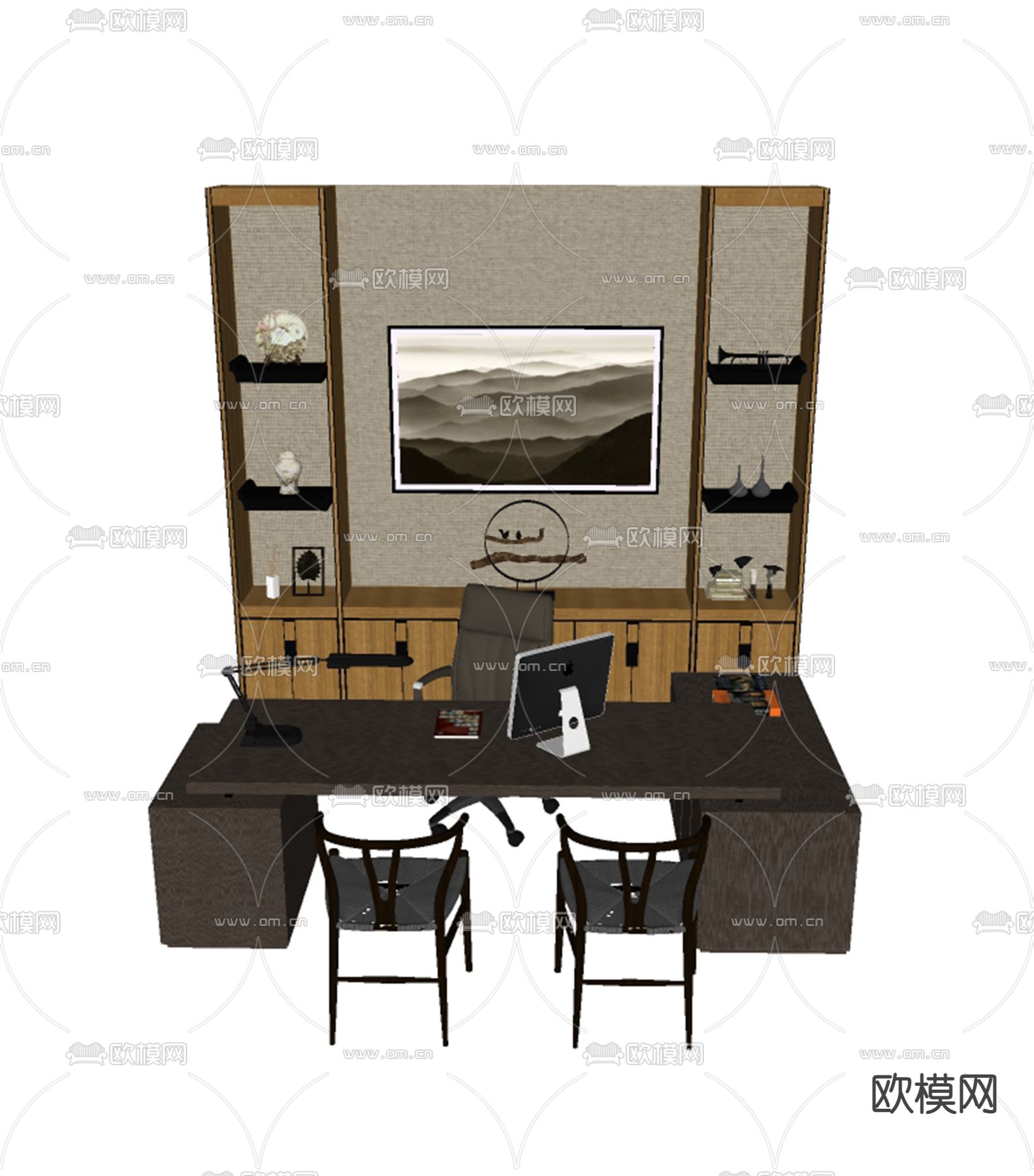 新中式办公桌椅su模型下载（渲染图1）