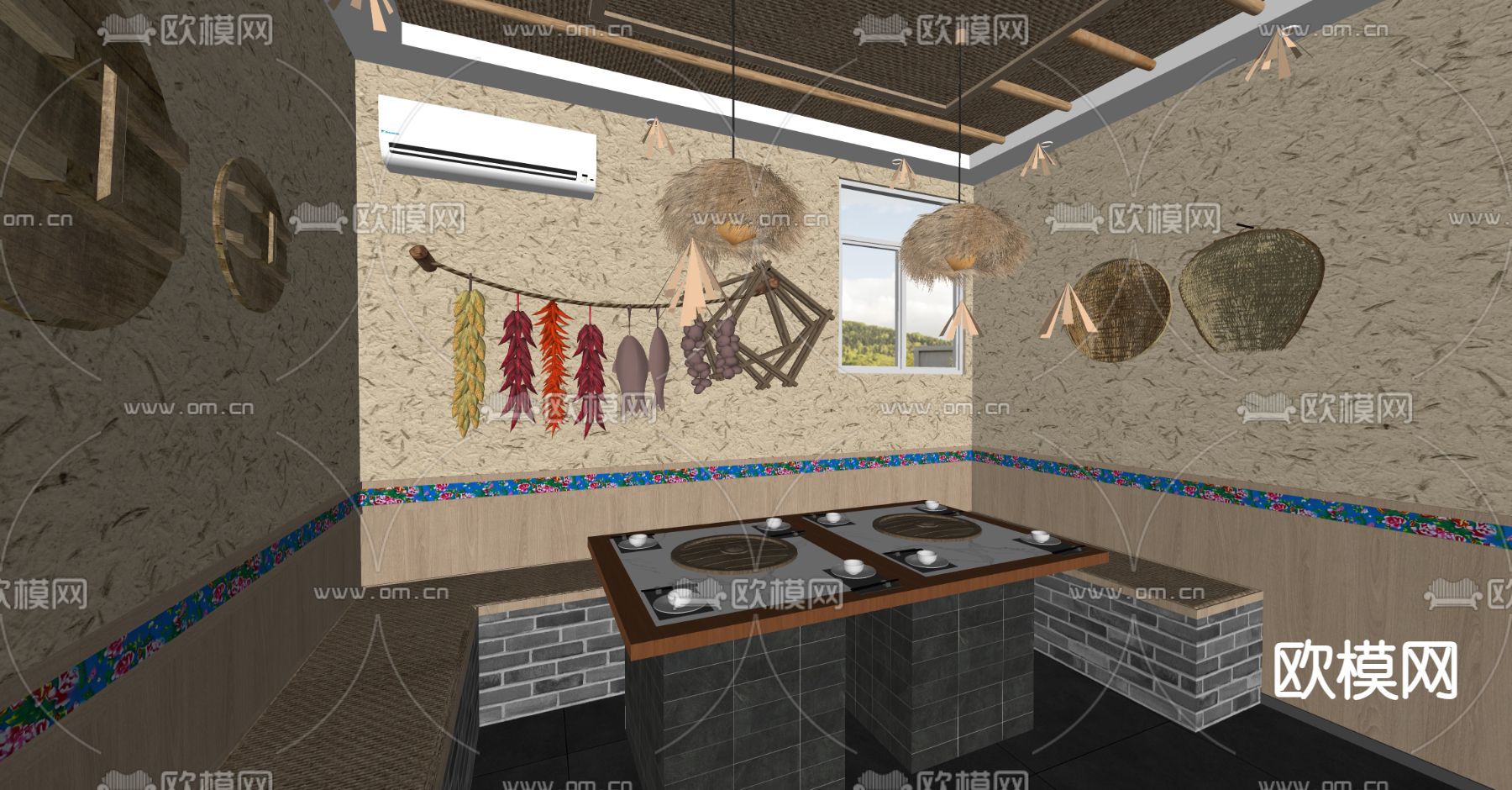 新中式铁锅炖包间su模型下载（渲染图1）