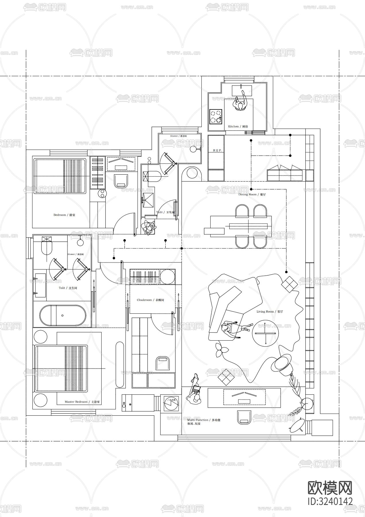 117平米户型布局cad图库下载（渲染图6）