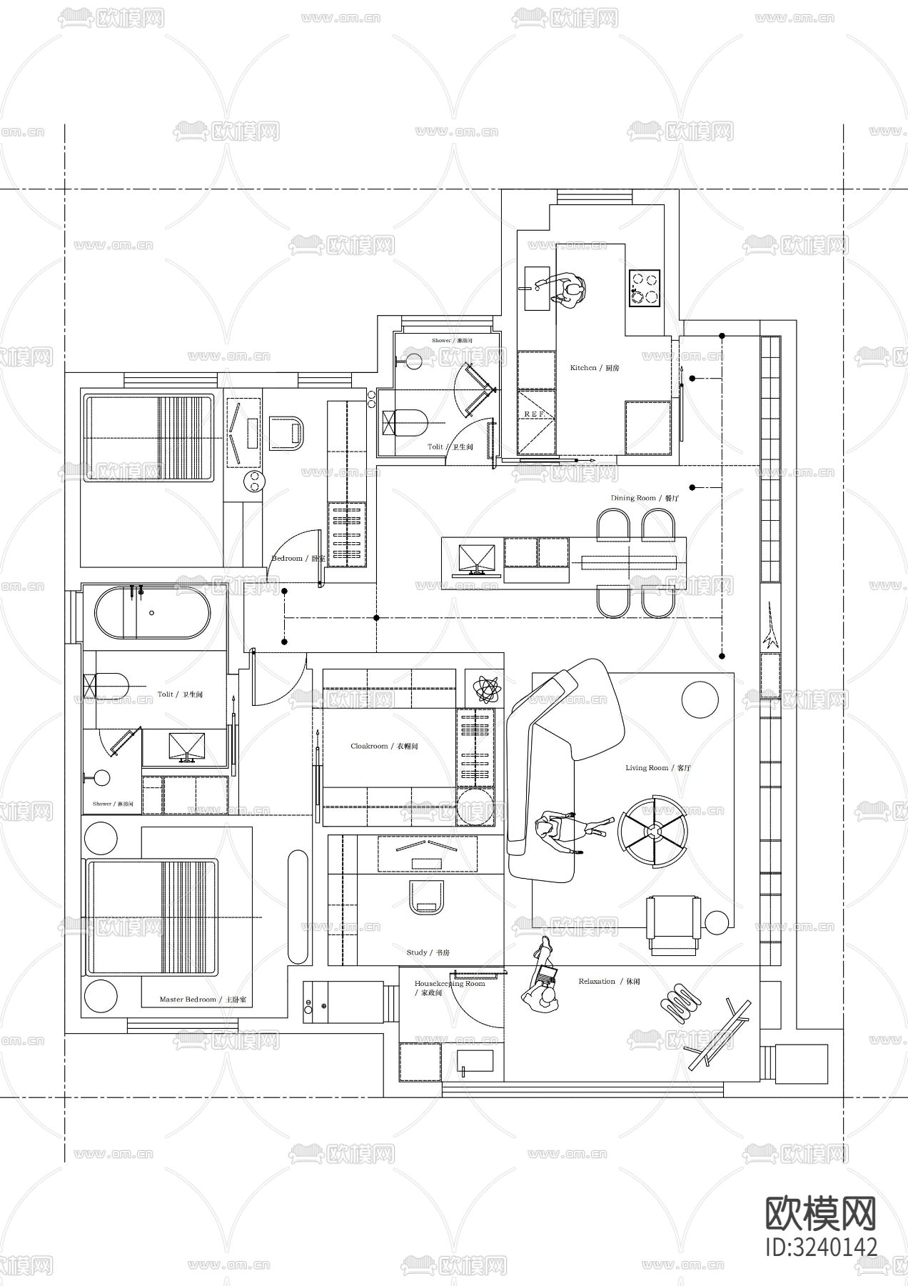 117平米户型布局cad图库下载（渲染图8）