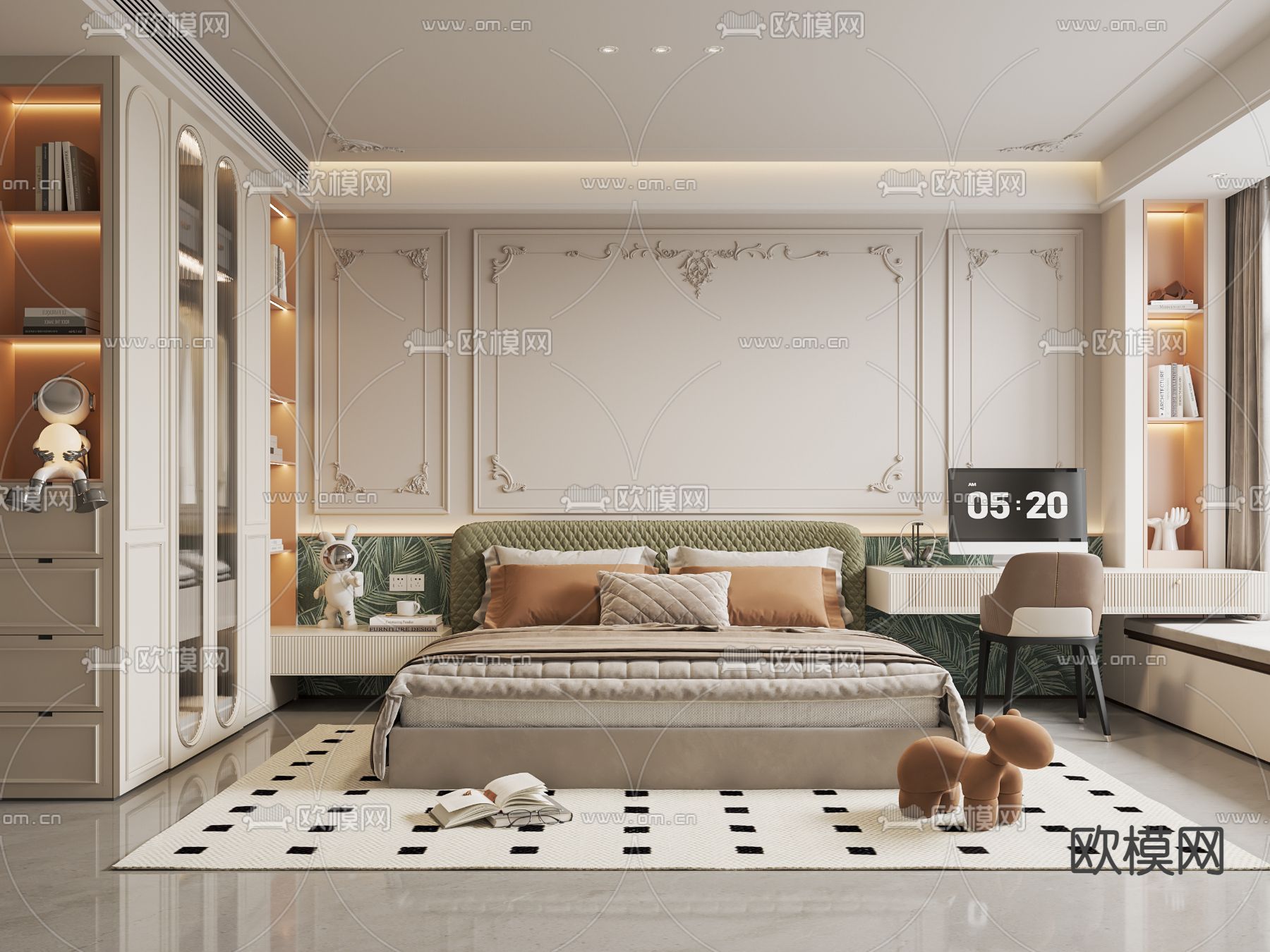 奶油风卧室 主人房su模型下载（渲染图2）