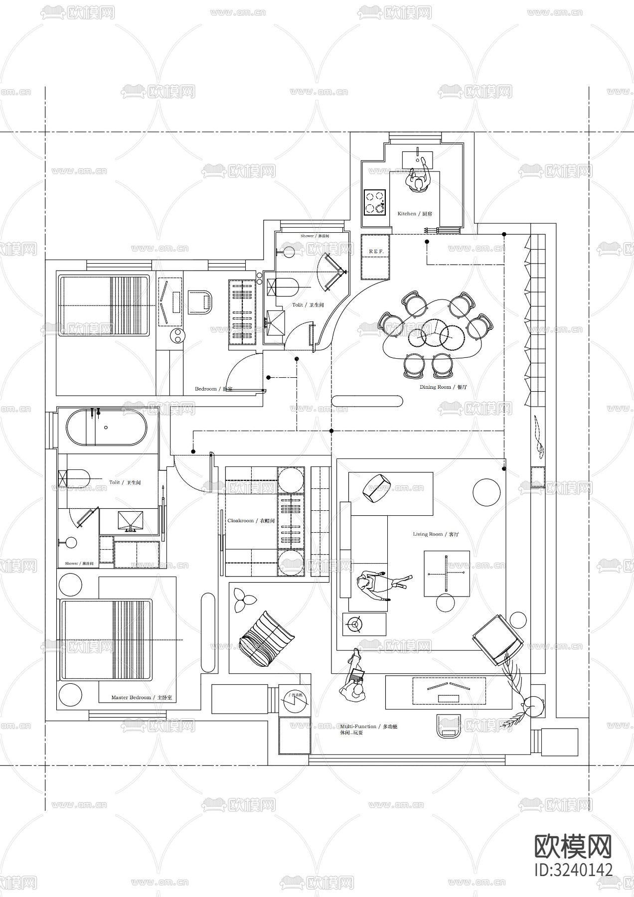 117平米户型布局cad图库下载（渲染图4）
