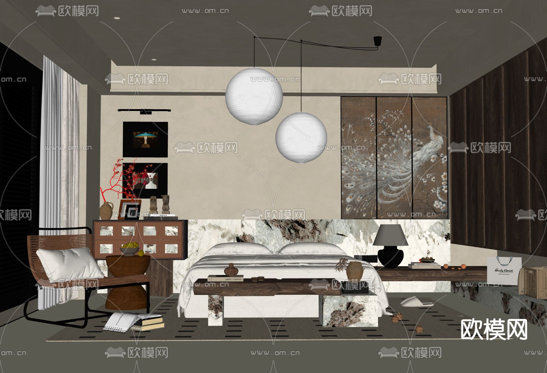 中古风卧室 主卧 主人房su模型下载（渲染图2）