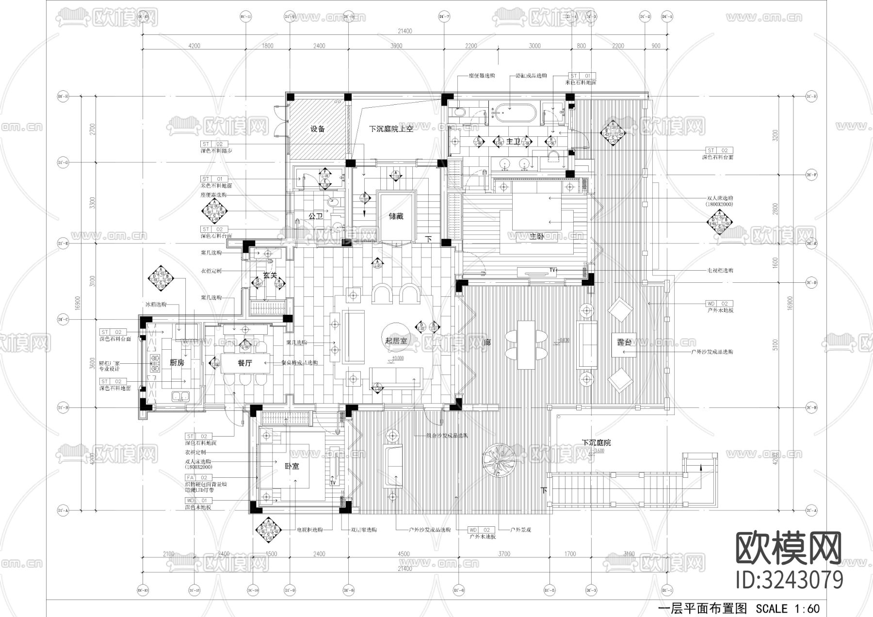 580㎡民宿cad平面图下载（渲染图1）