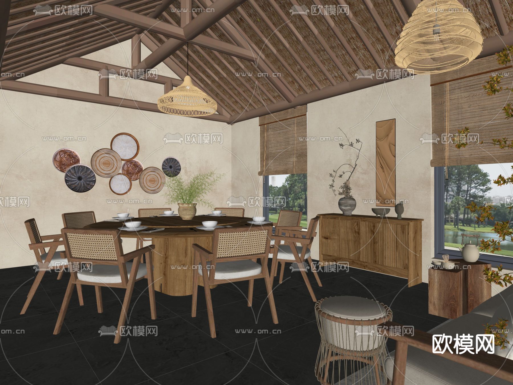 侘寂风民宿 餐厅 圆餐桌su模型下载（渲染图3）