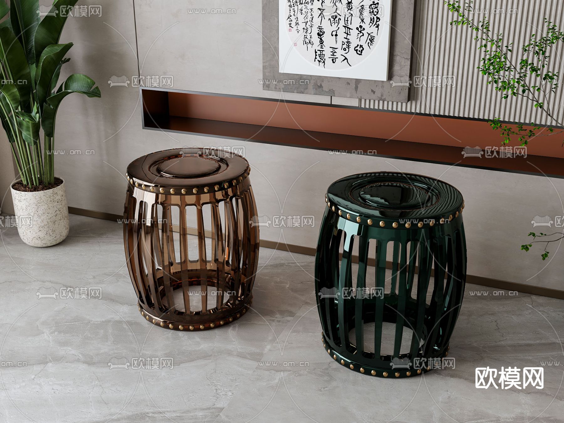 新中式凳子 亚克力圆凳su模型下载（渲染图1）