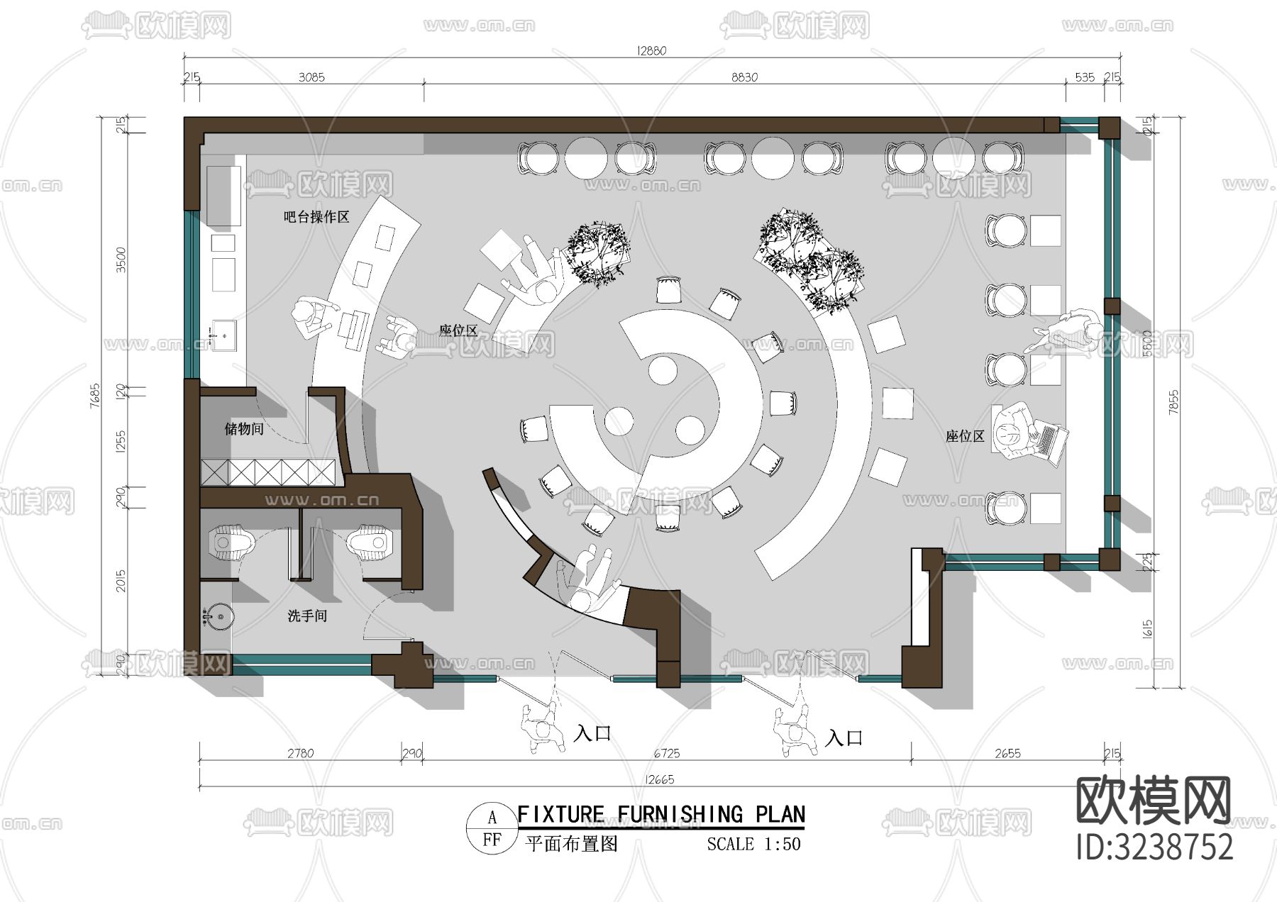 90平米咖啡厅cad平面图下载