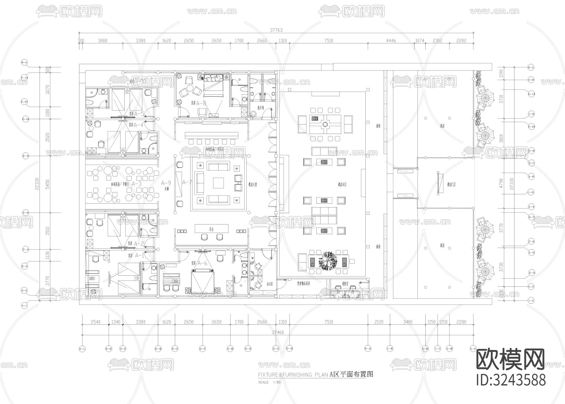 2100㎡高端民宿酒店cad平面图下载（渲染图1）