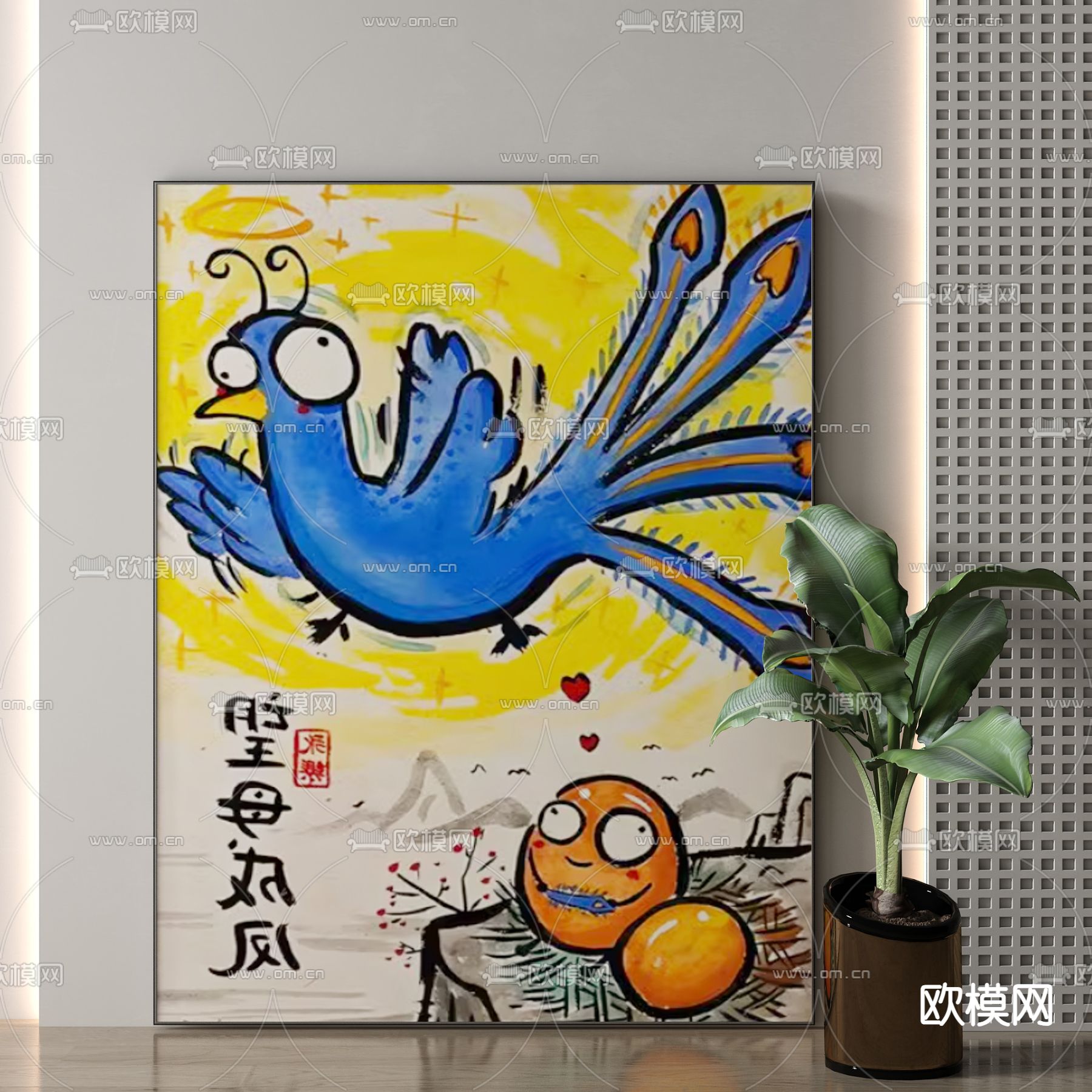 新中式装饰画 手绘画 艺术画3d模型下载