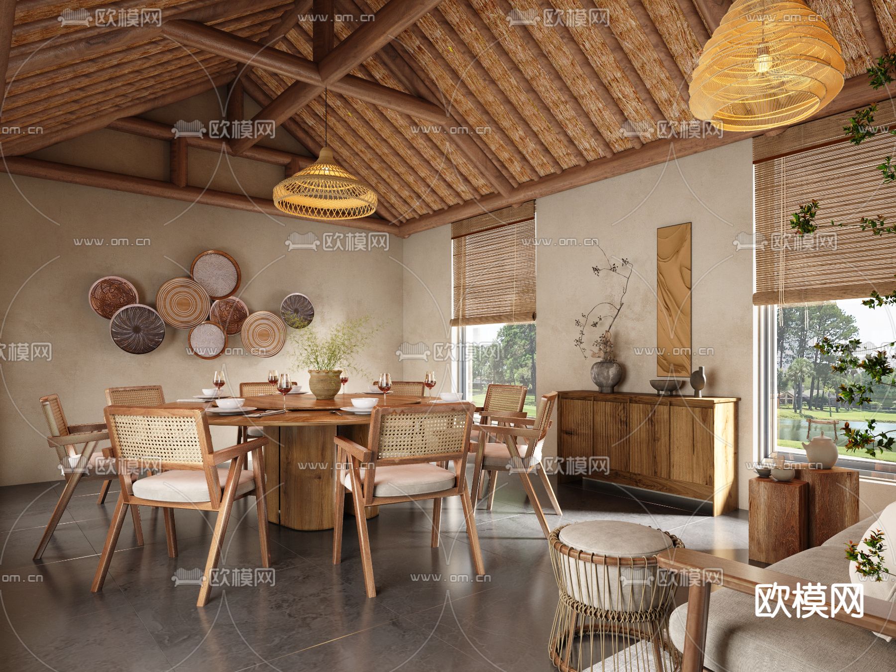 侘寂风民宿 餐厅 圆餐桌su模型下载（渲染图1）