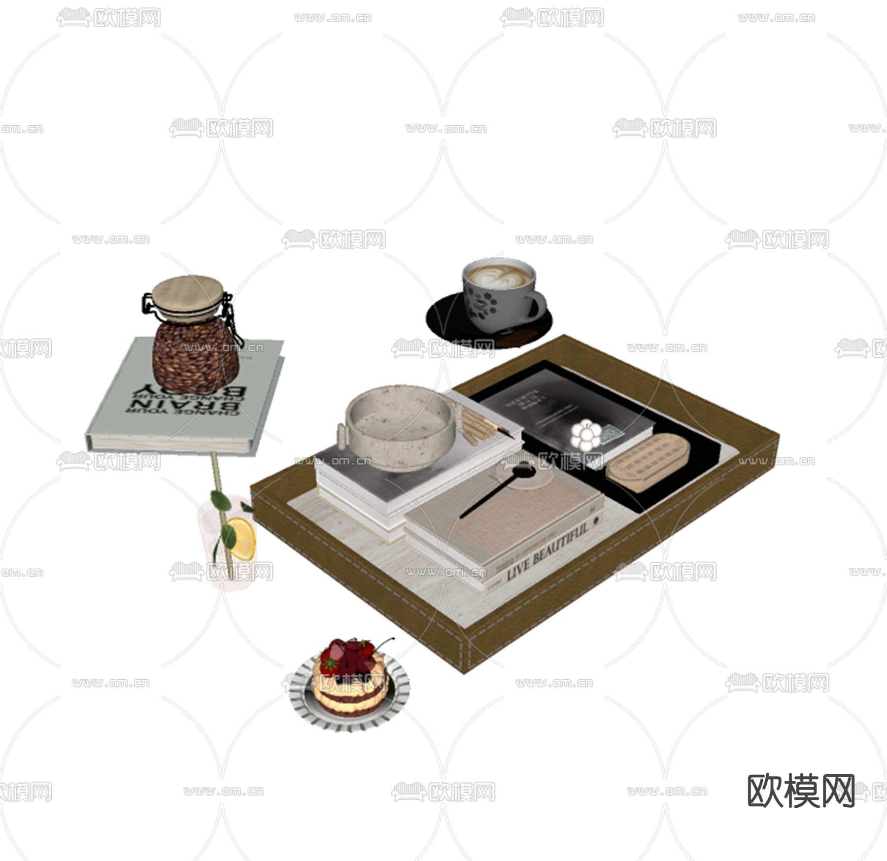 咖啡 托盘 书本蛋糕su模型下载（渲染图2）