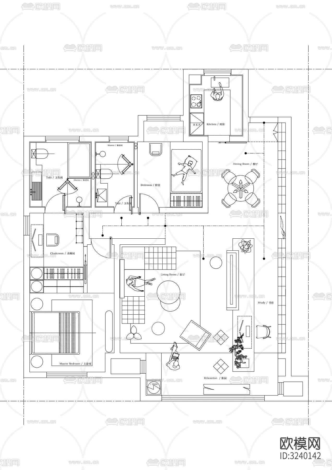 117平米户型布局cad图库下载（渲染图3）