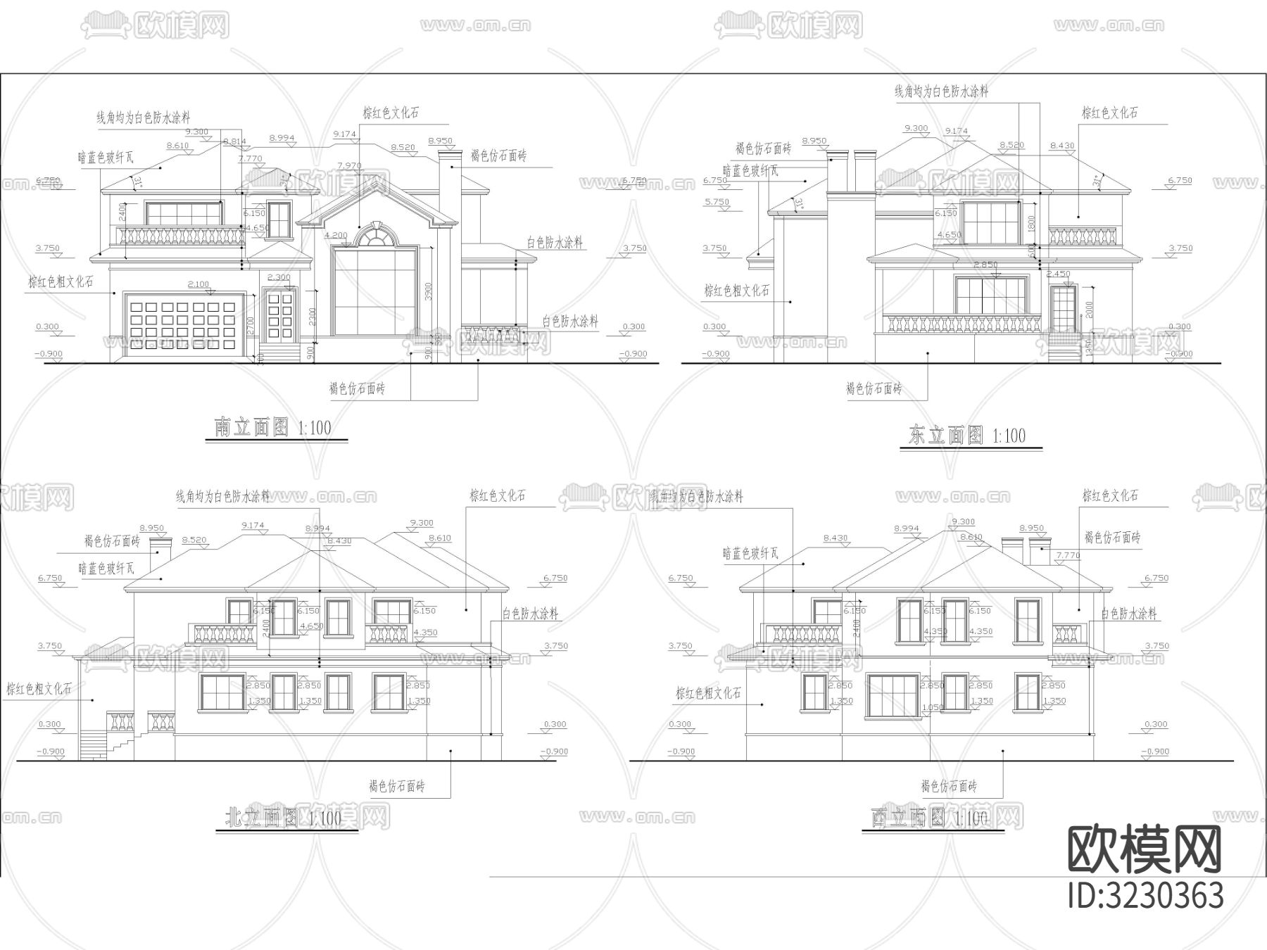 现代多层住宅 独栋别墅CAD施工图下载（渲染图2）