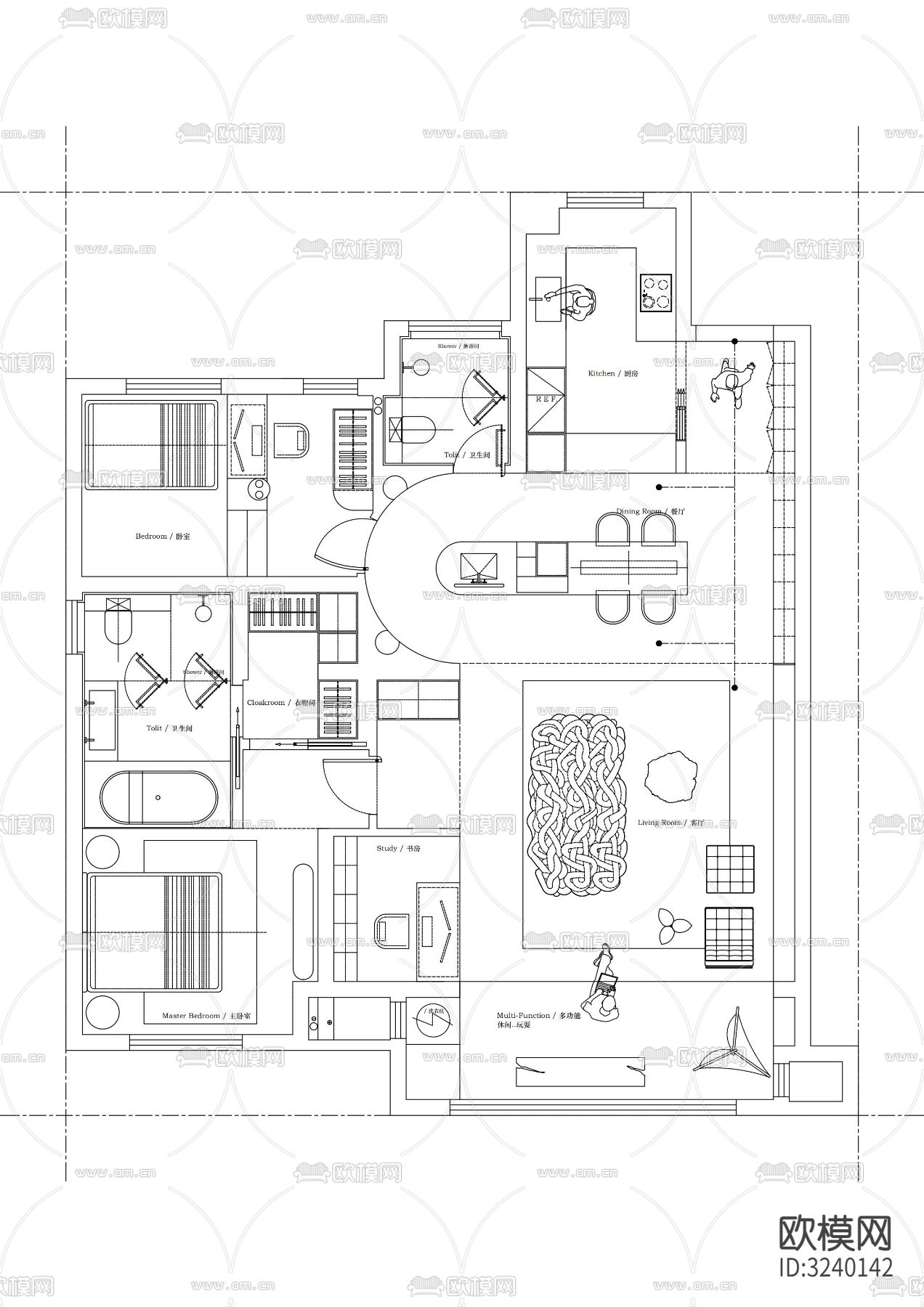 117平米户型布局cad图库下载（渲染图2）
