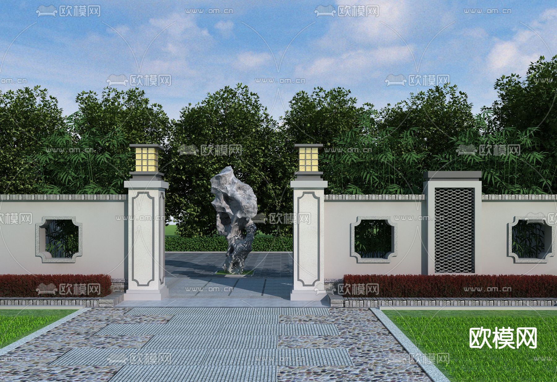 新中式景墙 围墙 影壁3d模型下载