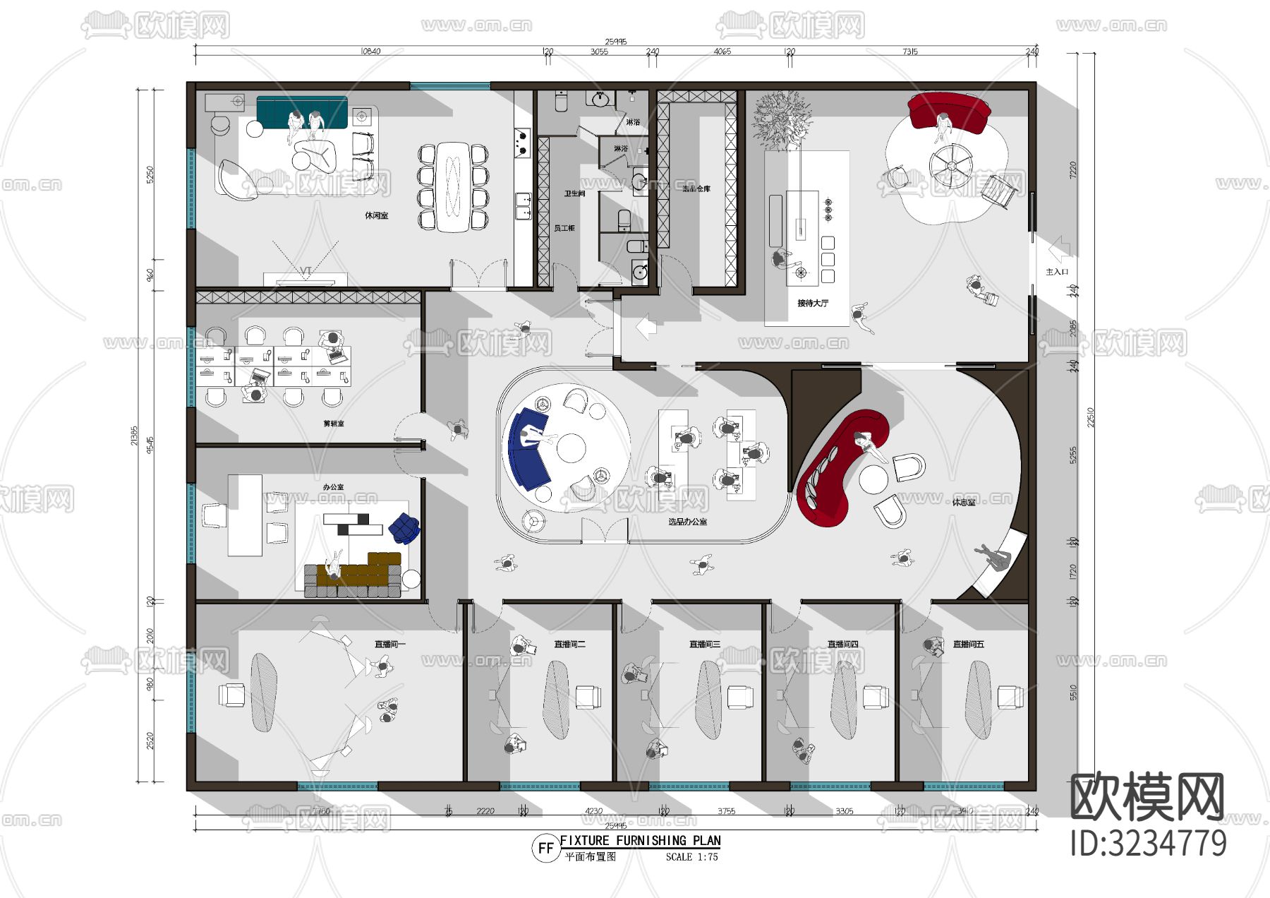 直播公司办公室cad平面图下载