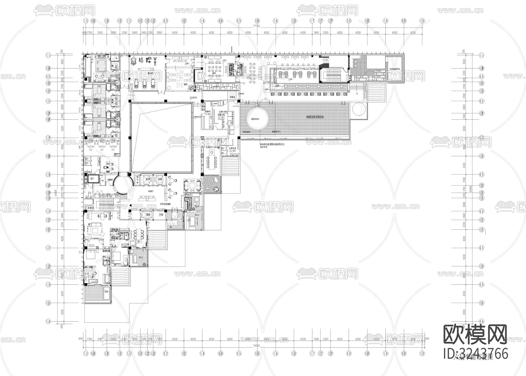 19500㎡高端民宿酒店cad平面图下载（渲染图2）