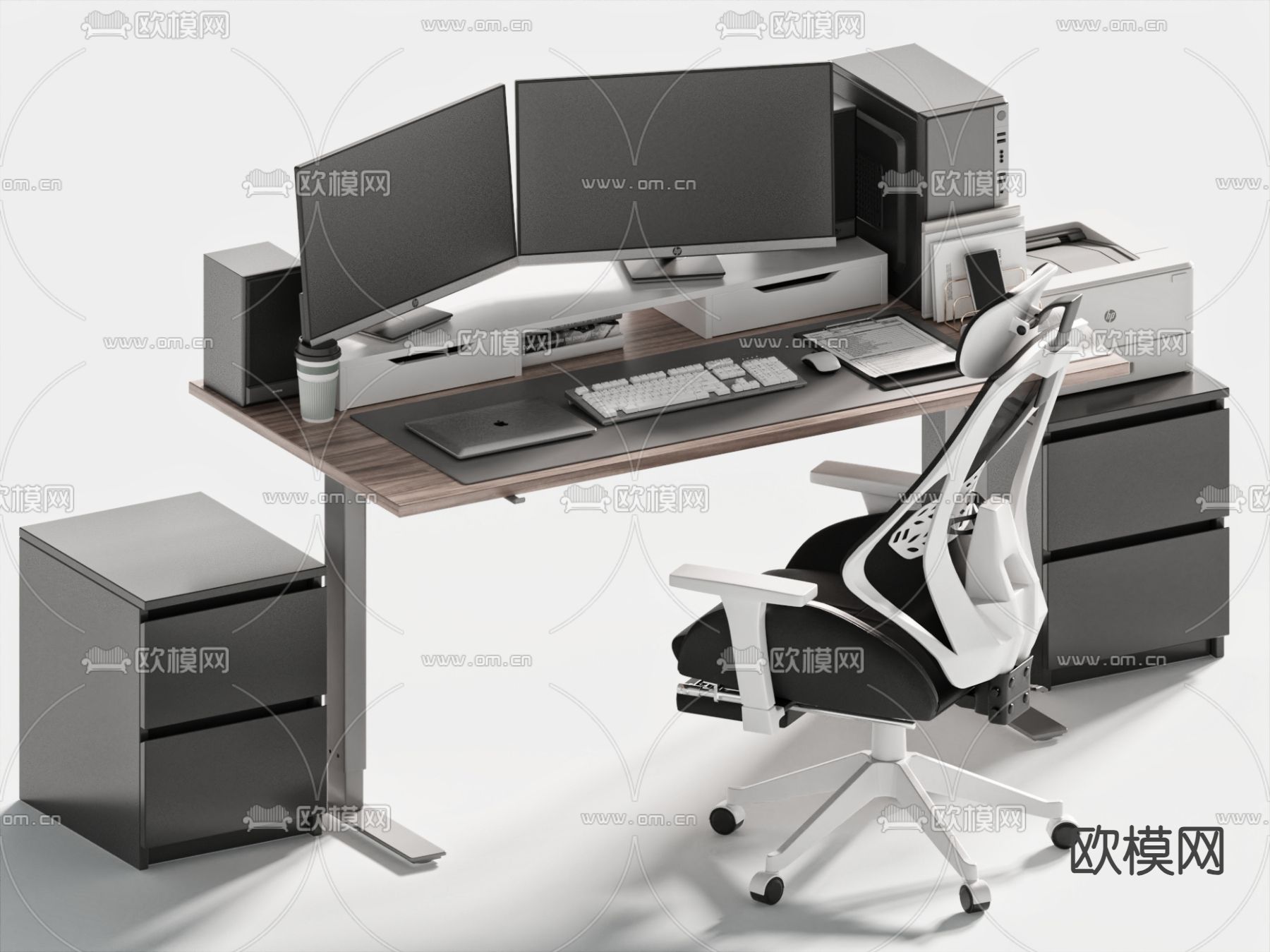 现代工作台 办公桌椅su模型下载（渲染图2）